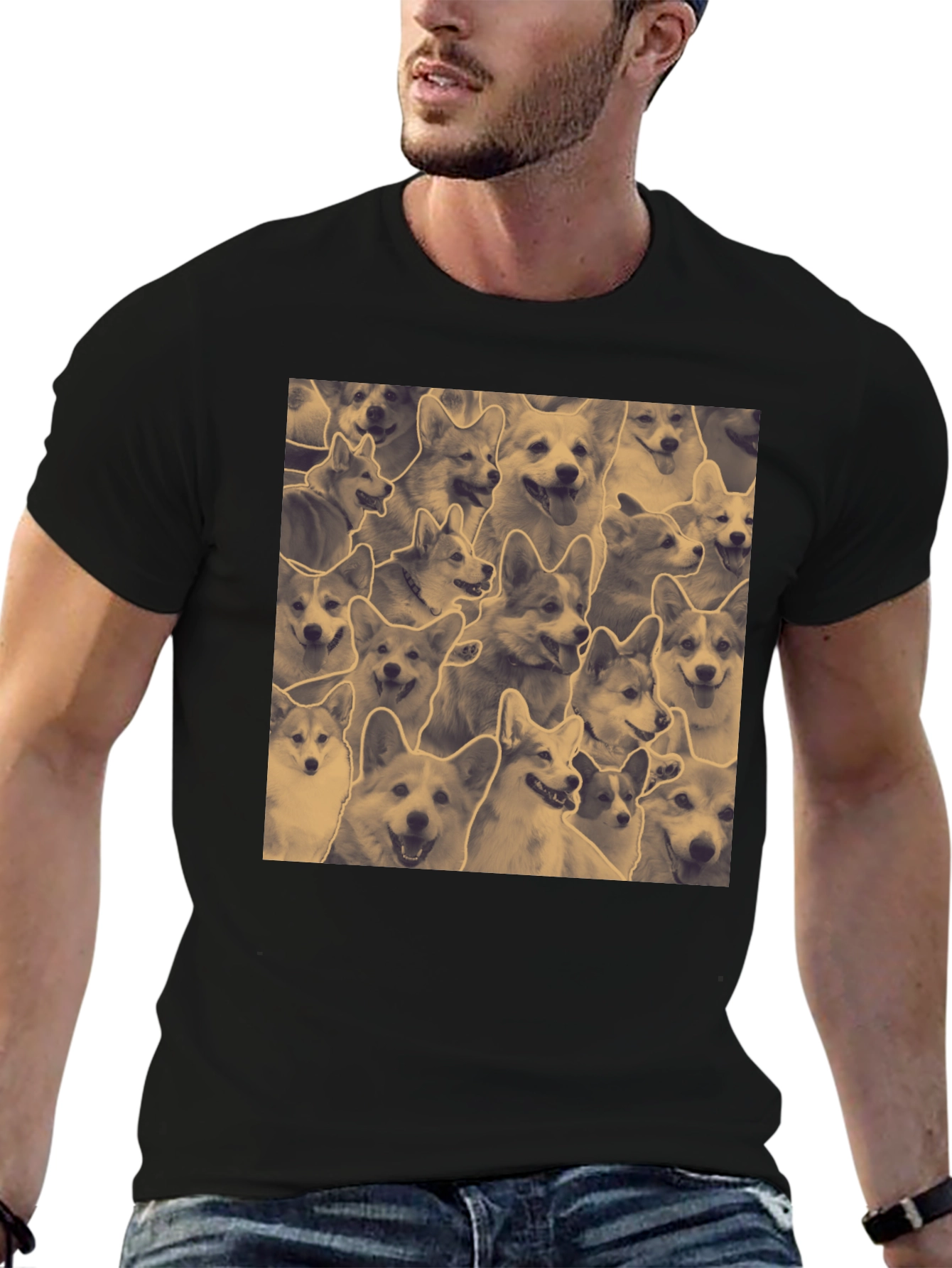 Corgi Print Black Crew Neck T-Shirt