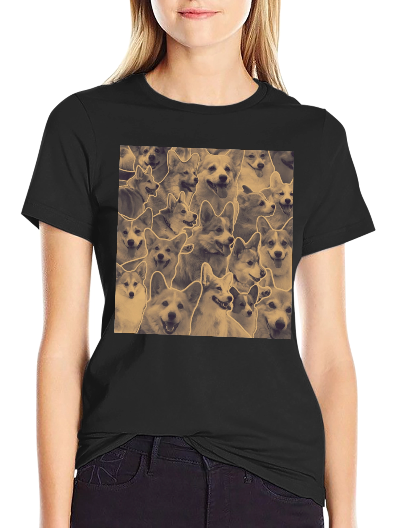 Corgi Print Black Crew Neck T-Shirt