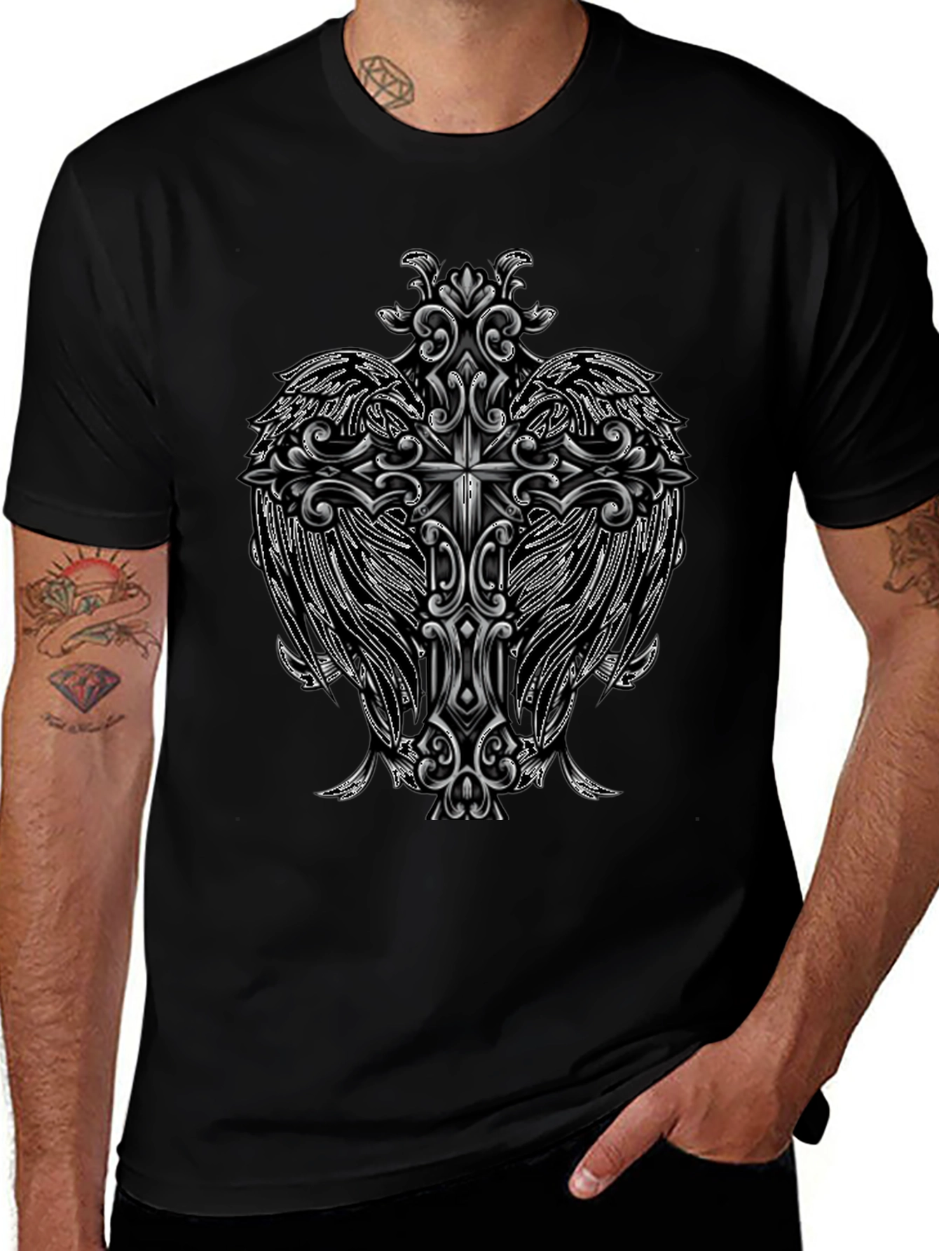 Cross Wings Graphic Black T-Shirt
