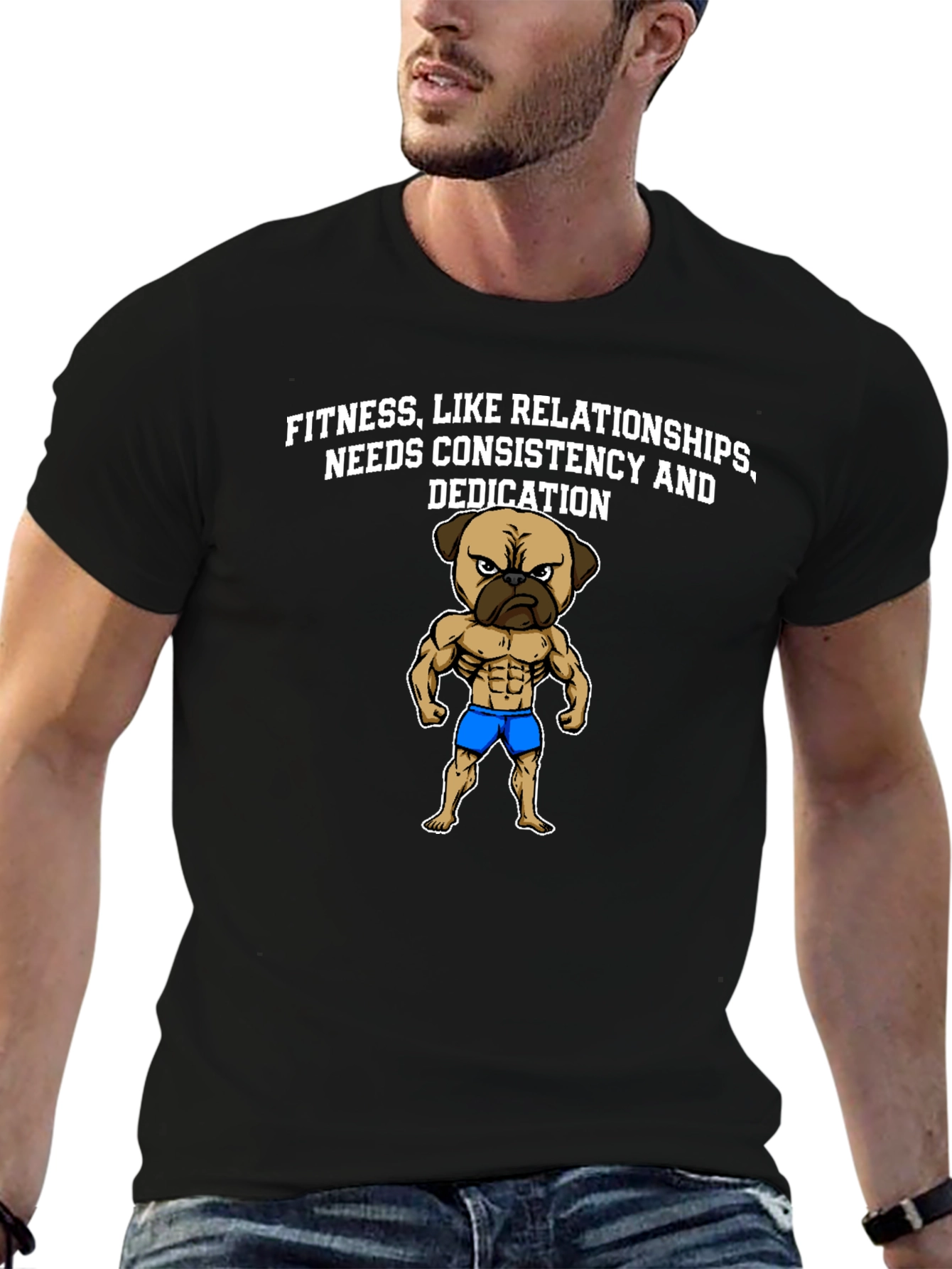 Fitness Pug Black T-Shirt - Consistency & Dedication