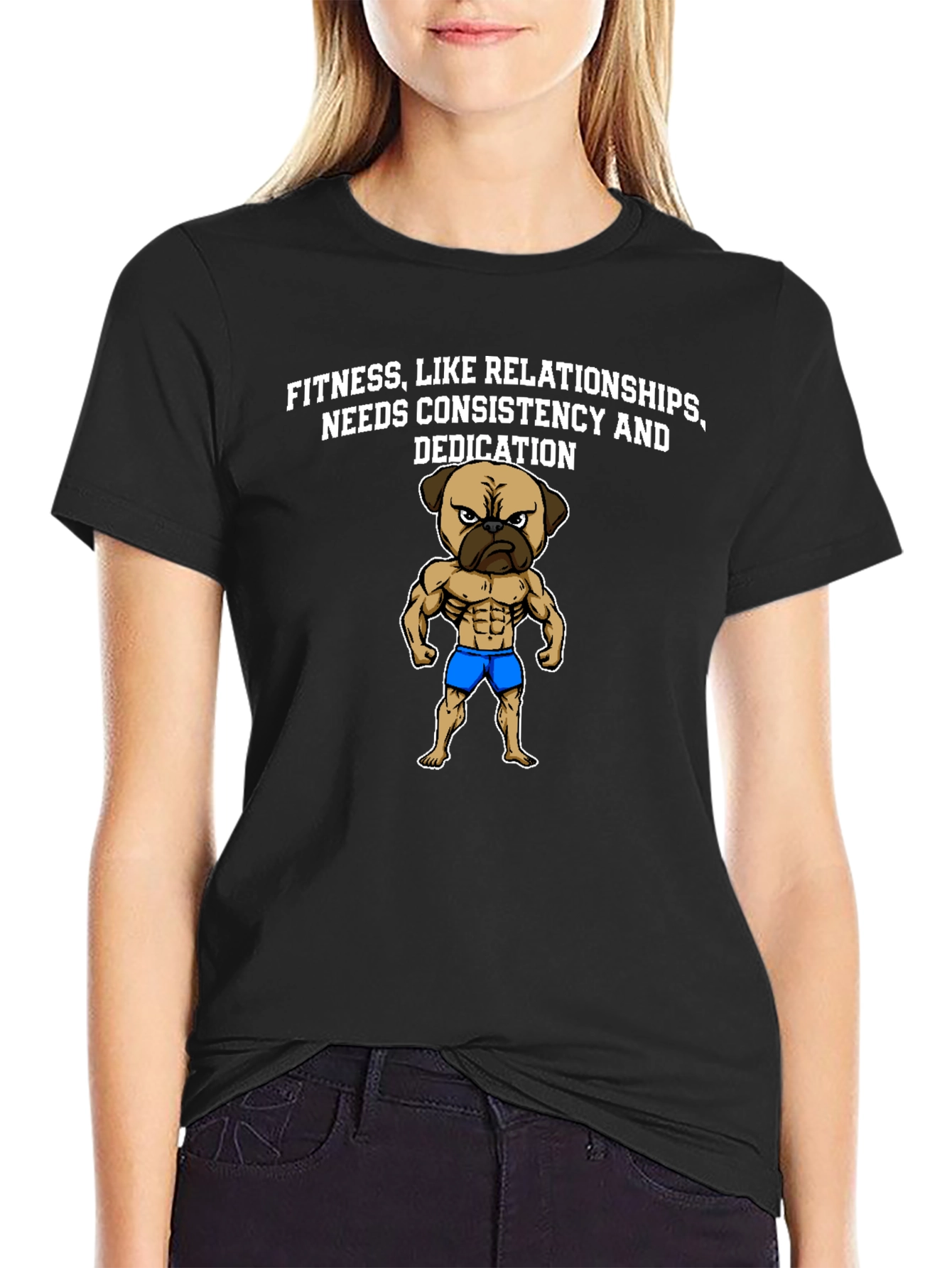 Fitness Pug Black T-Shirt - Consistency & Dedication