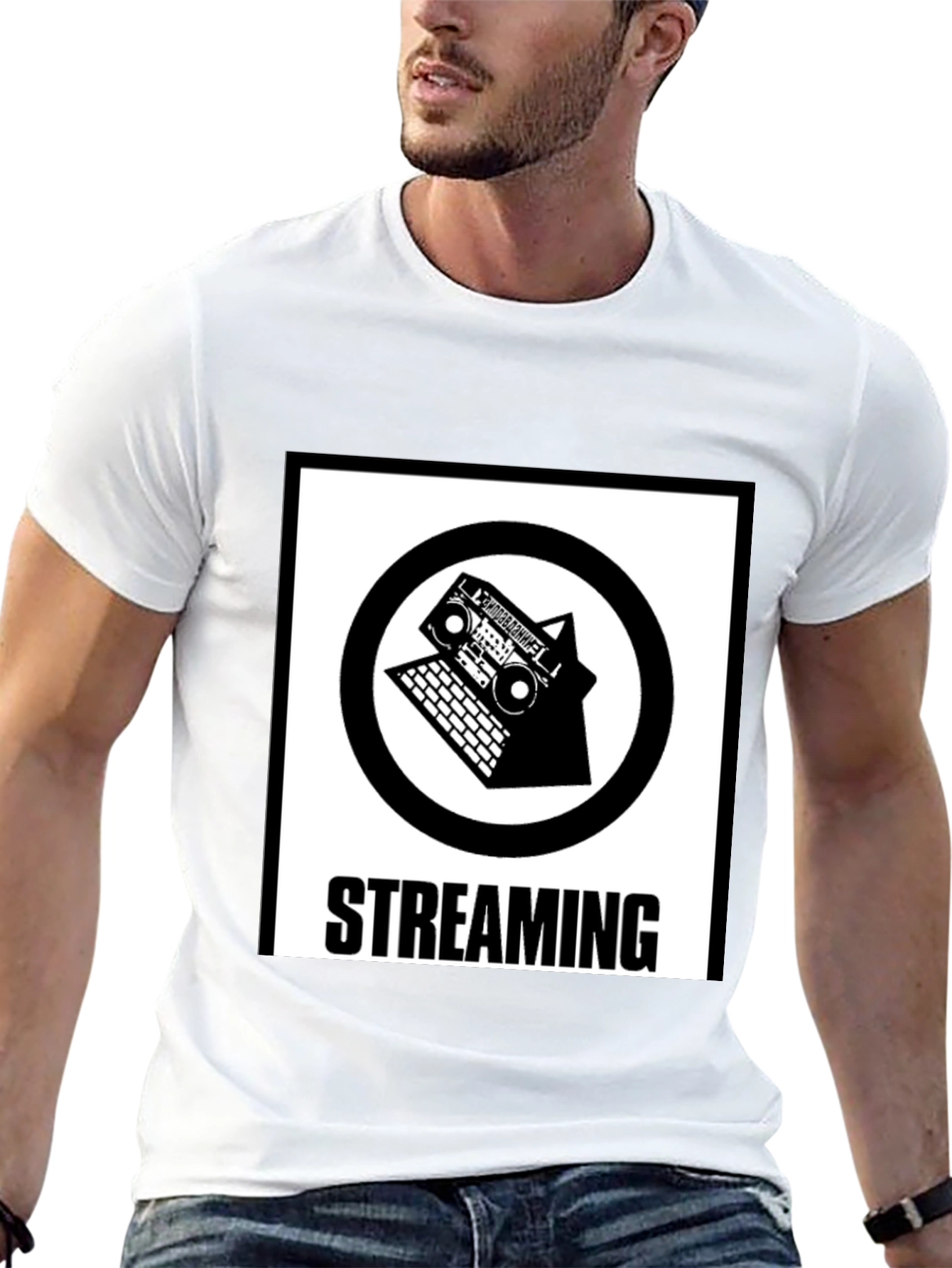 Retro Streaming T-Shirt - Boombox and Laptop Design