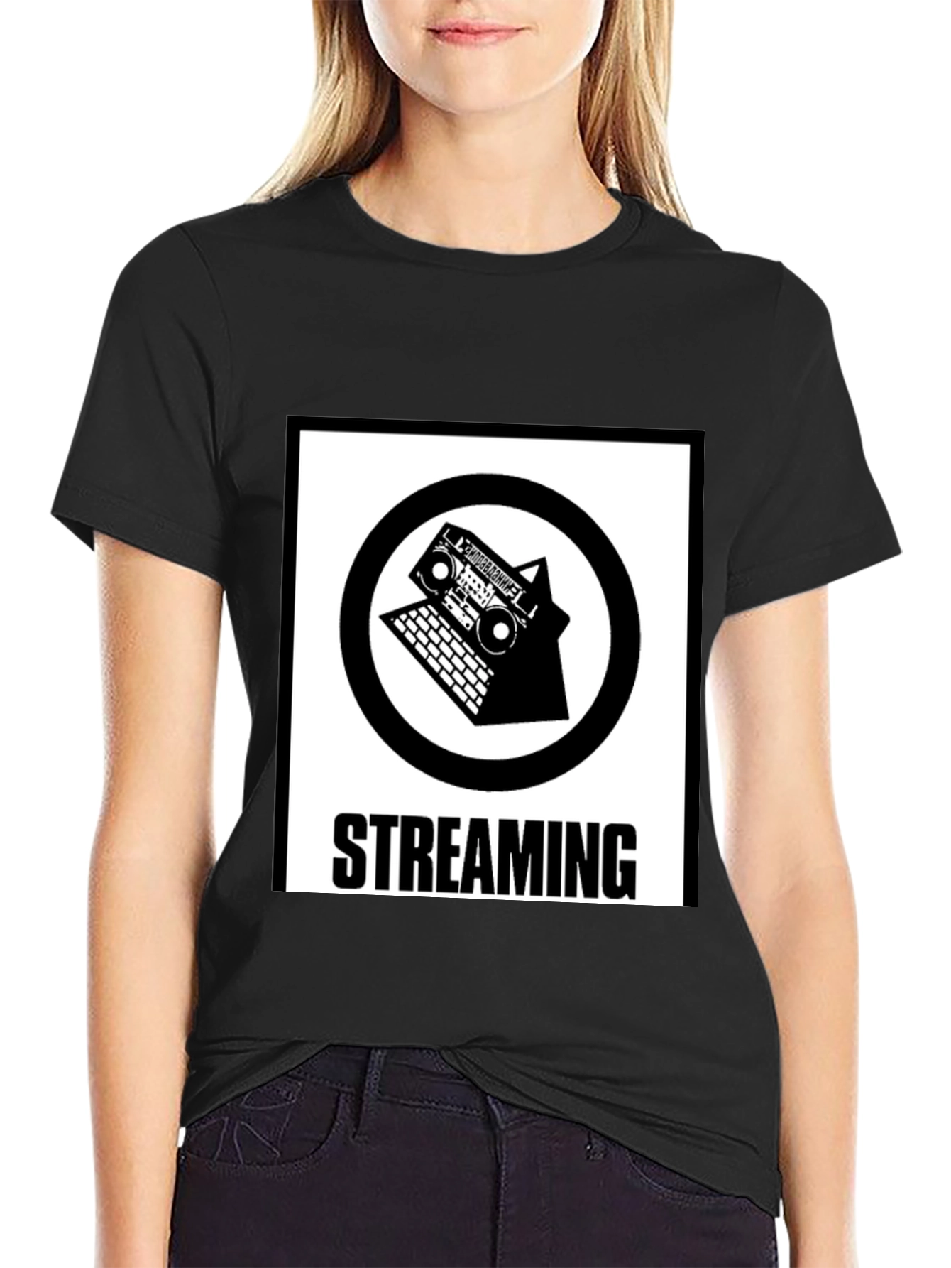 Retro Streaming T-Shirt - Boombox and Laptop Design