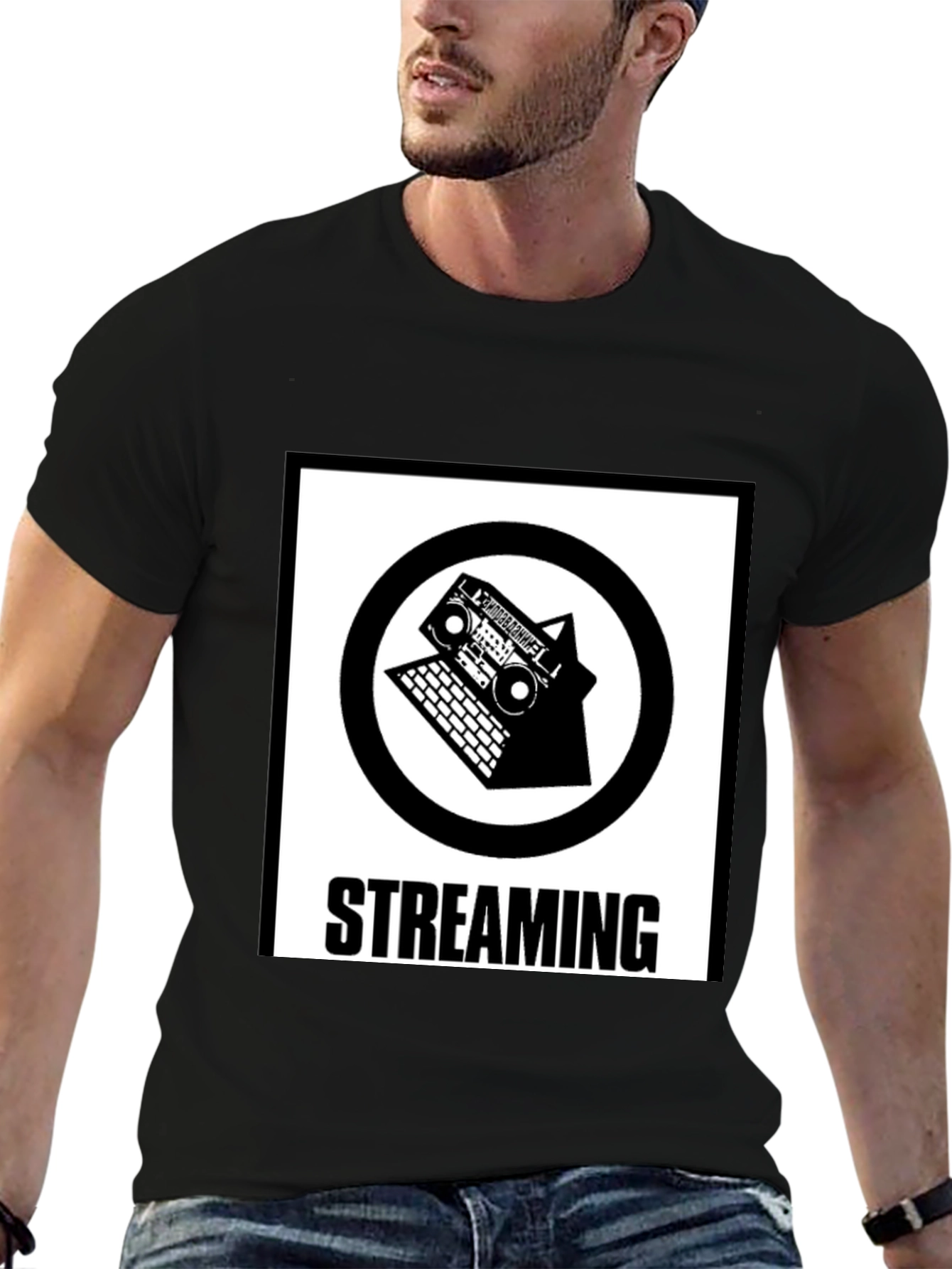 Retro Streaming T-Shirt - Boombox and Laptop Design