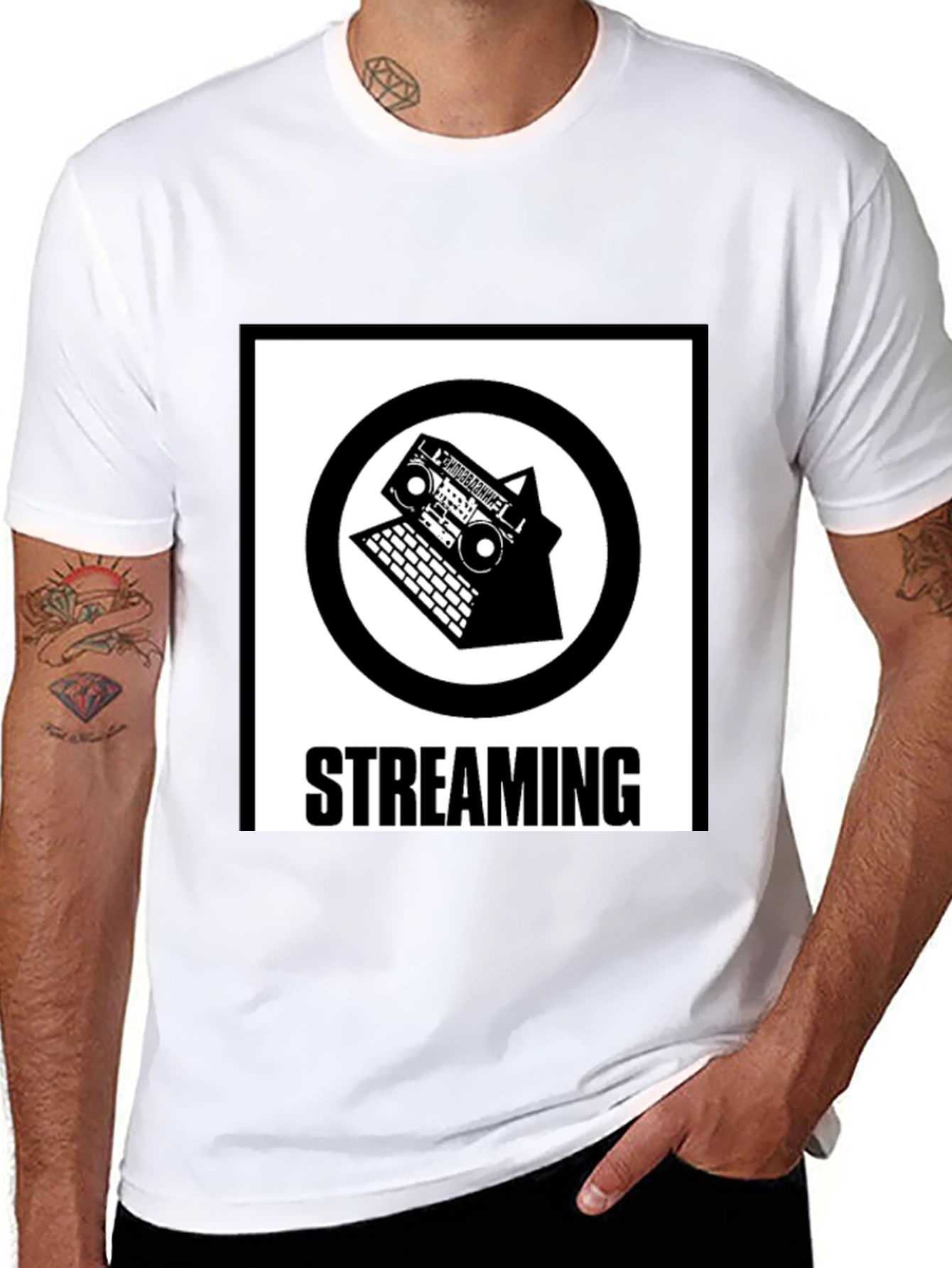 Retro Streaming T-Shirt - Boombox and Laptop Design