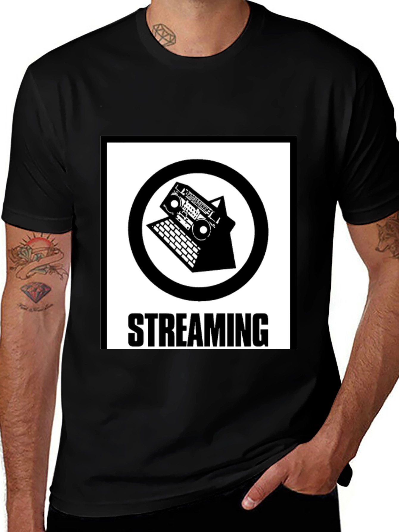 Retro Streaming T-Shirt - Boombox and Laptop Design
