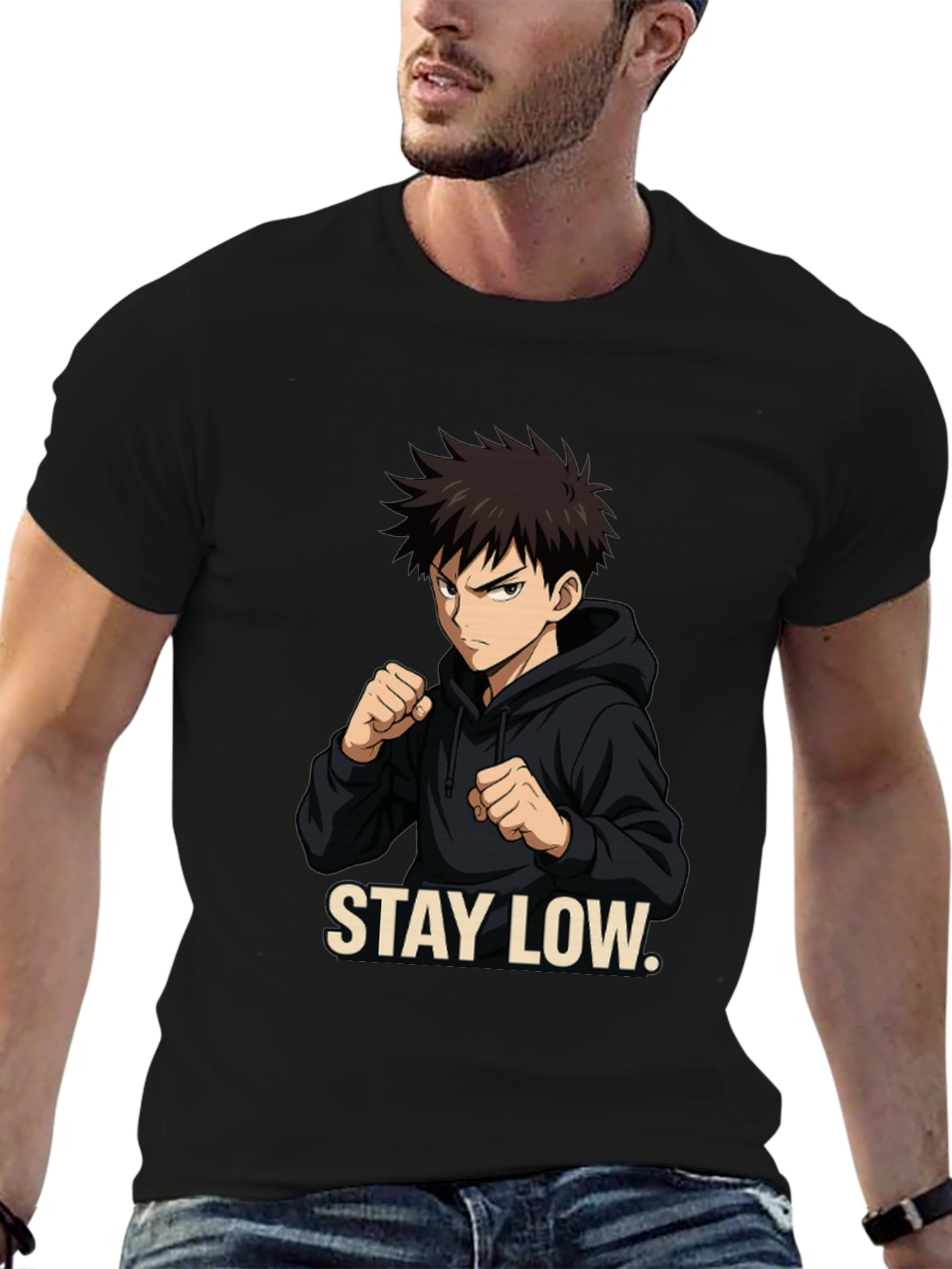 Stay Low Anime Style Black Graphic Tee