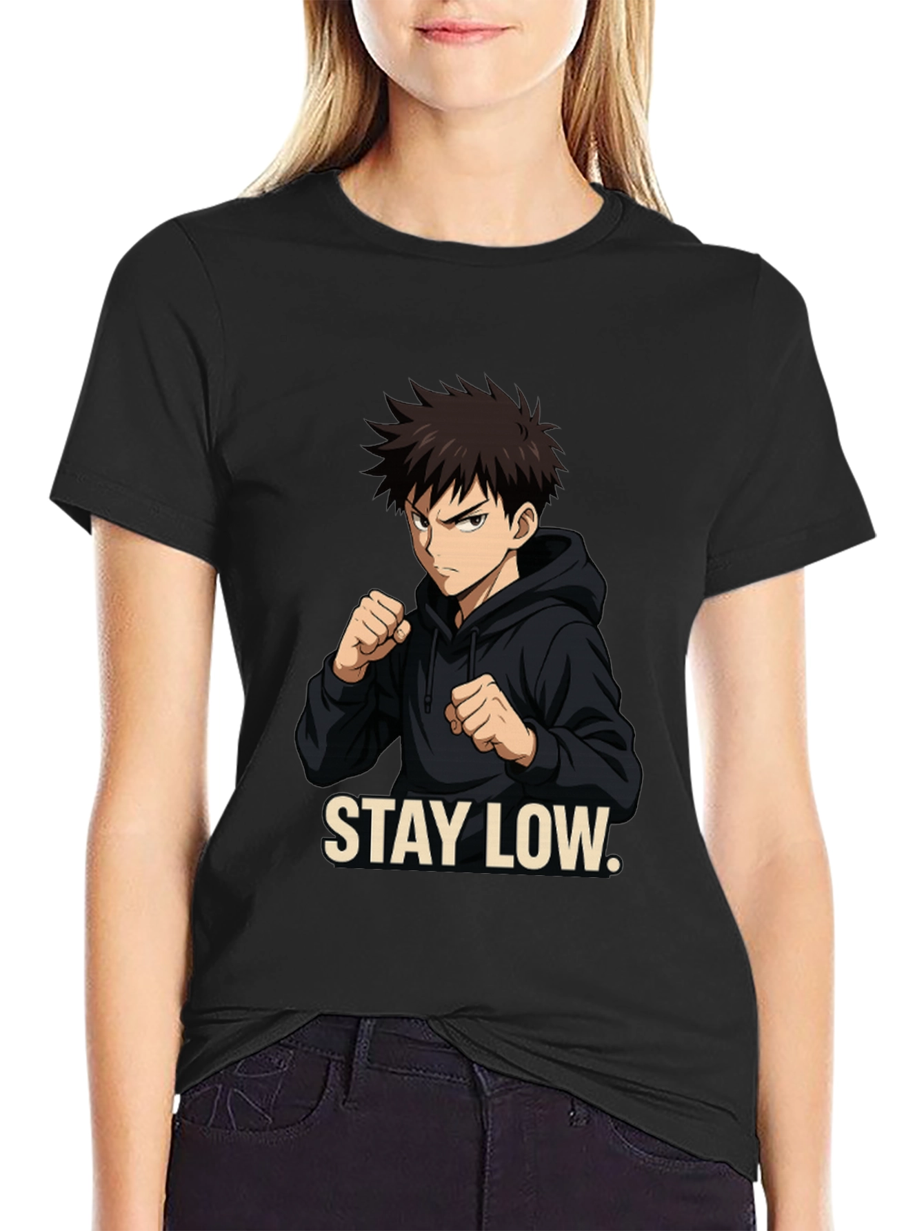 Stay Low Anime Style Black Graphic Tee