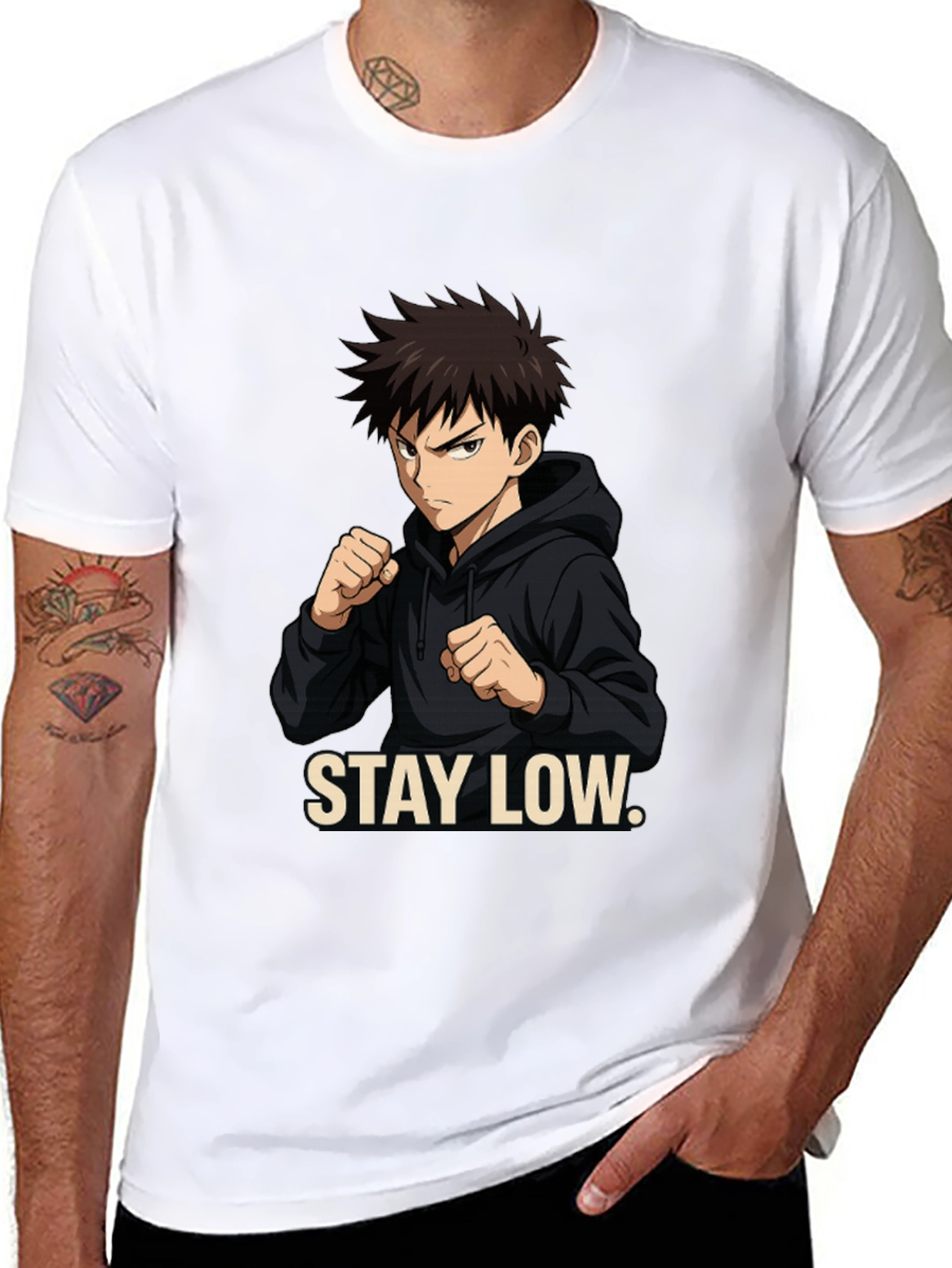 Stay Low Anime Style Black Graphic Tee