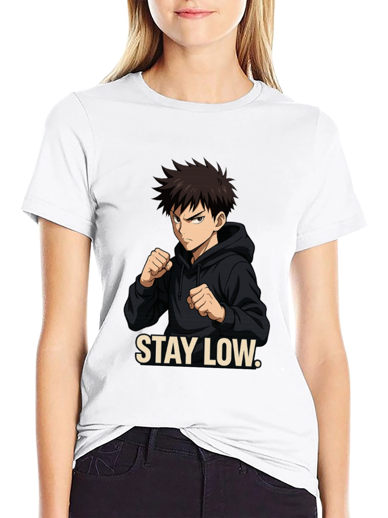 Stay Low Anime Style Black Graphic Tee