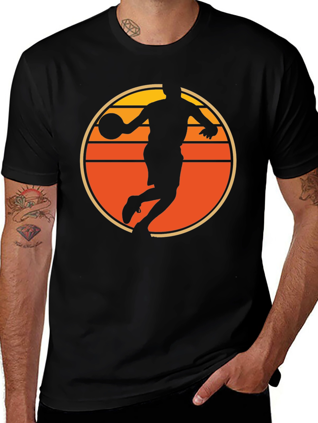 Basketball Sunset Graphic Tee - Retro Style Mens T-Shirt