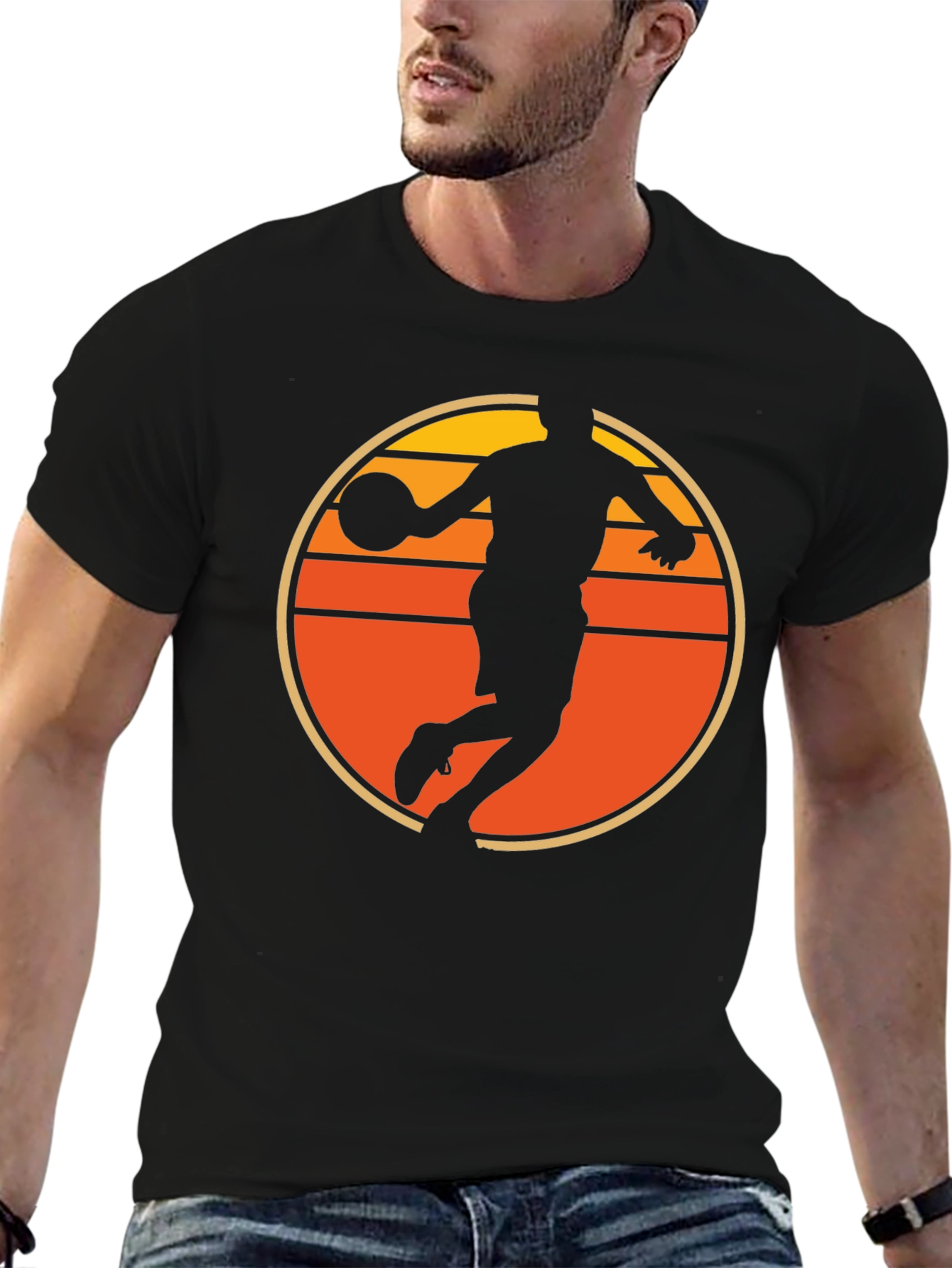 Basketball Sunset Graphic Tee - Retro Style Mens T-Shirt