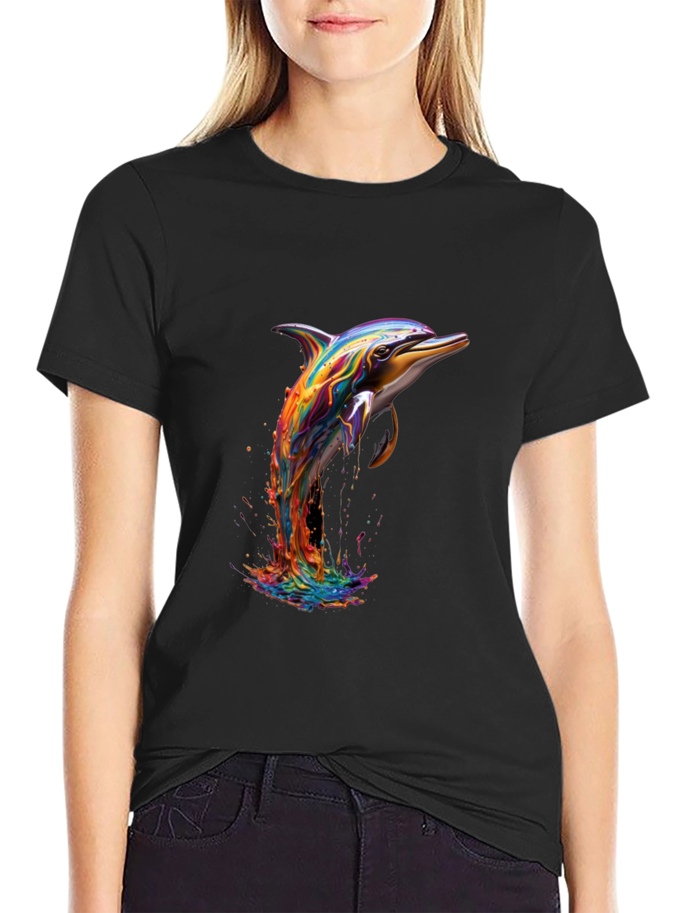 Rainbow Dolphin Black T-Shirt