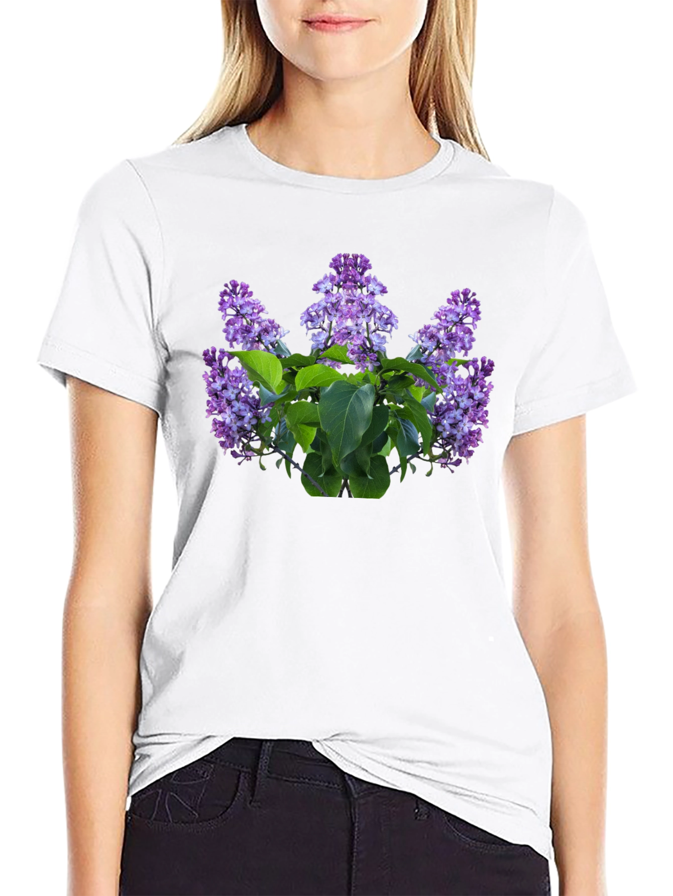 Lilac Floral Print Black T-Shirt