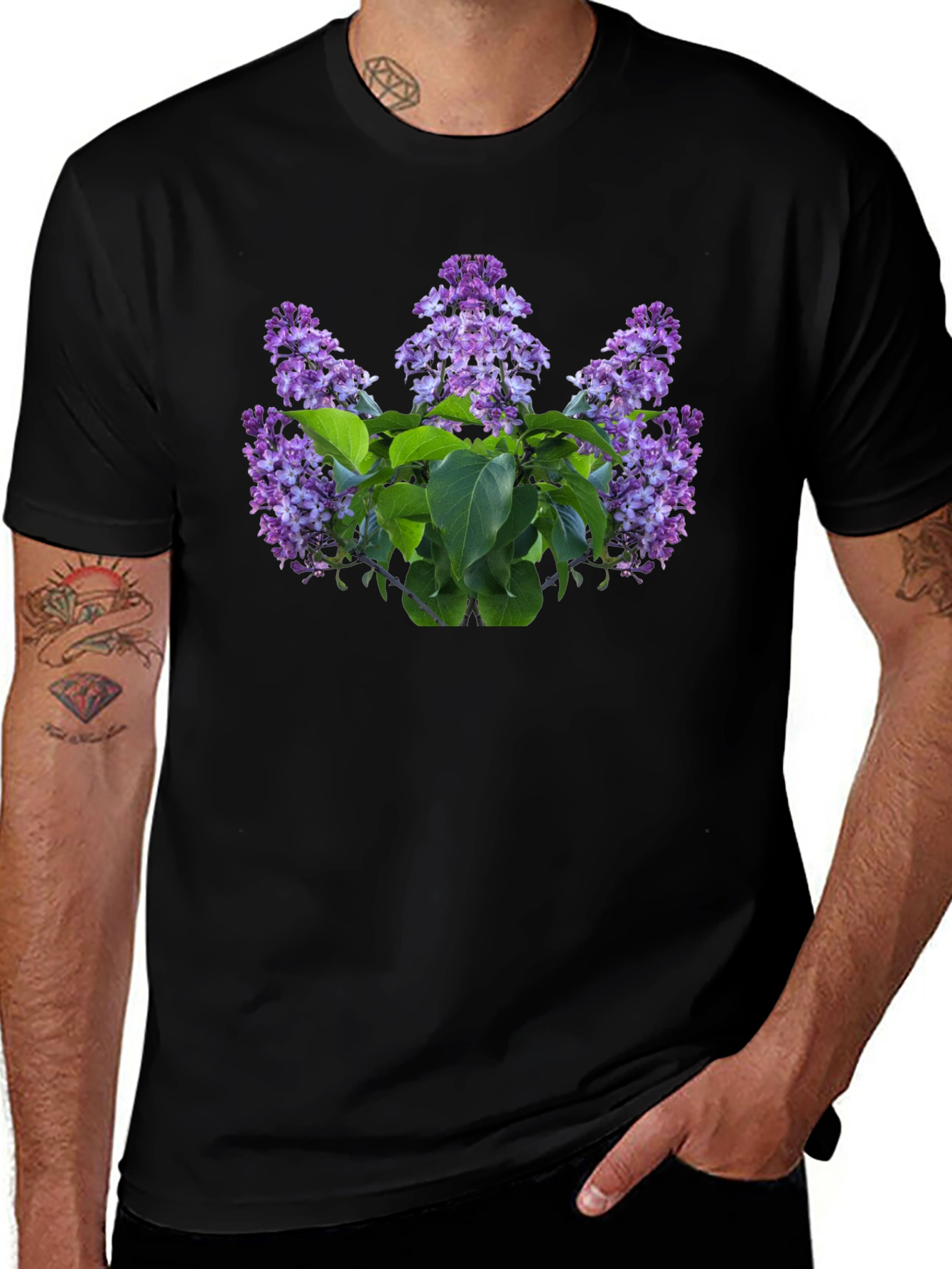 Lilac Floral Print Black T-Shirt