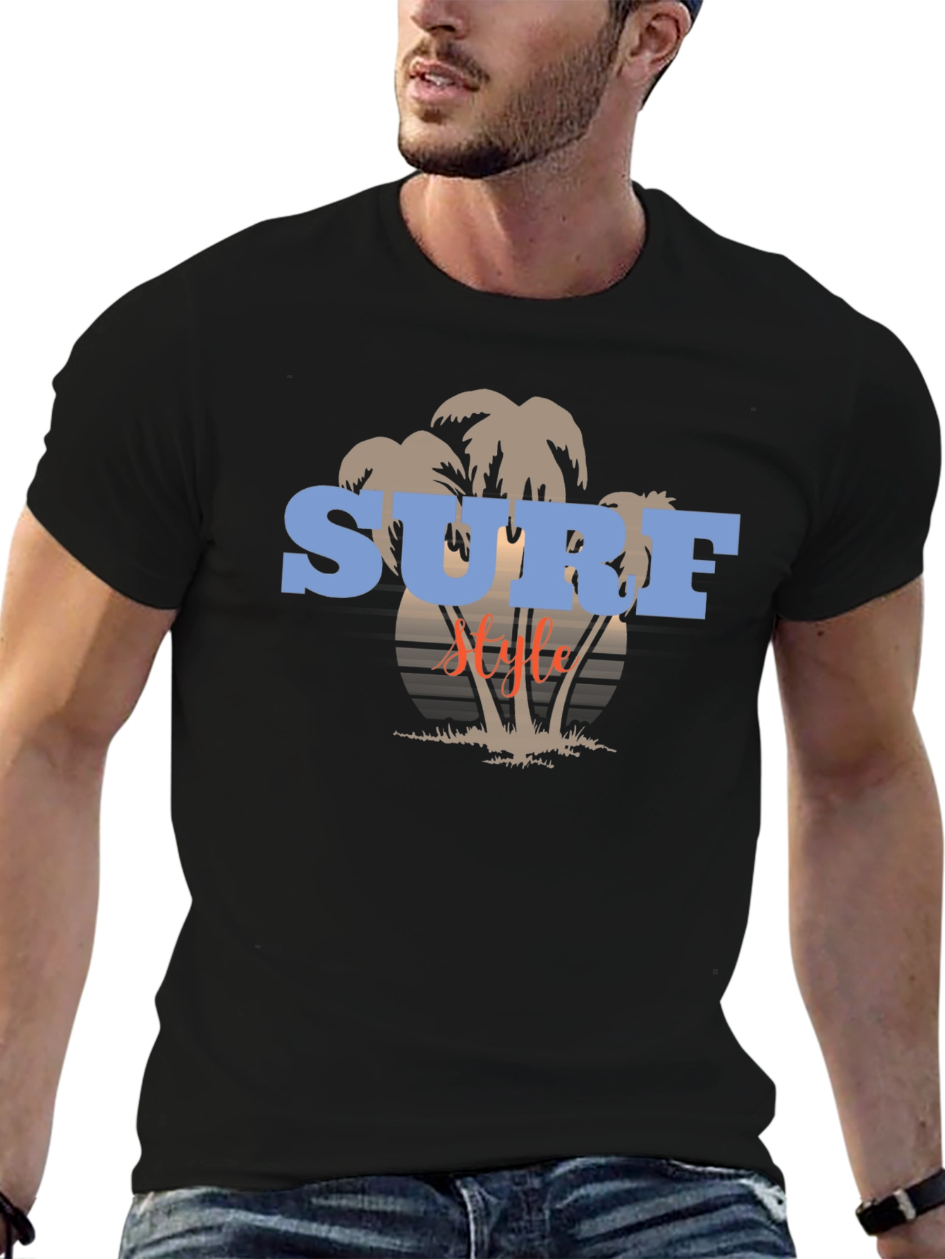 Surf Style Graphic Tee - Black Cotton T-Shirt