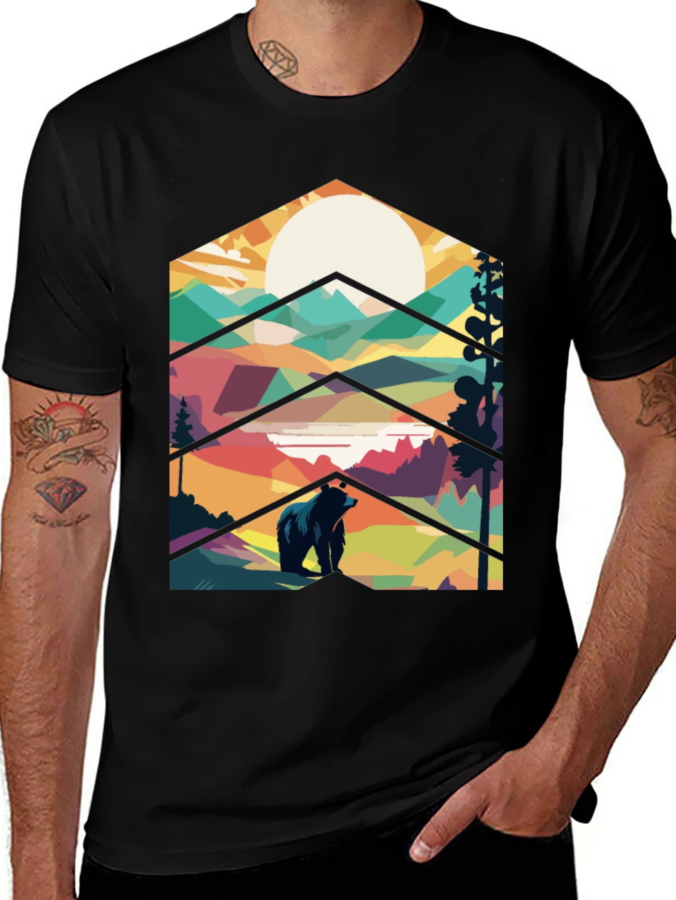 Geometric Bear Mountain Graphic Tee - Black