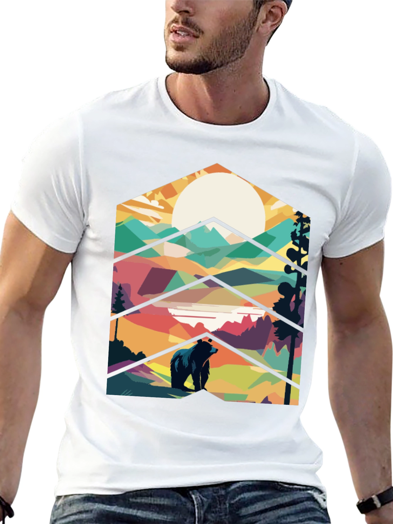 Geometric Bear Mountain Graphic Tee - Black