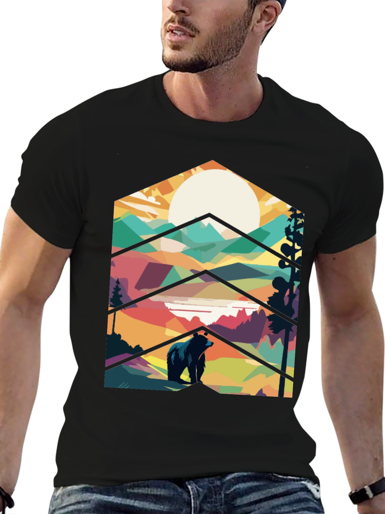 Geometric Bear Mountain Graphic Tee - Black