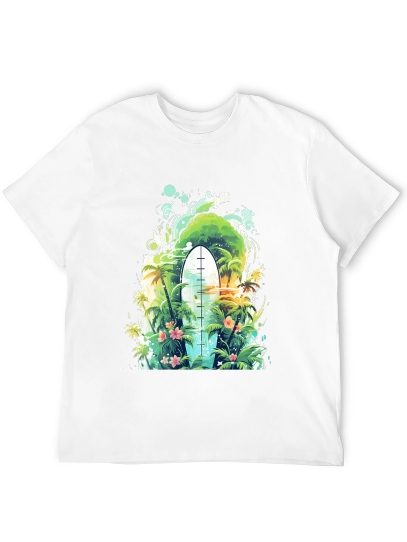 Surfs Up Tee: Tropical Island Surfboard Graphic T-Shirt