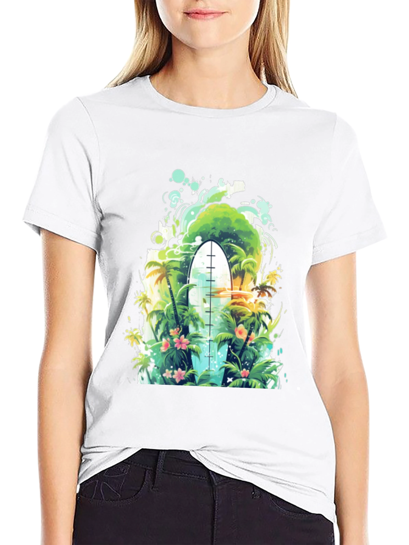 Surfs Up Tee: Tropical Island Surfboard Graphic T-Shirt