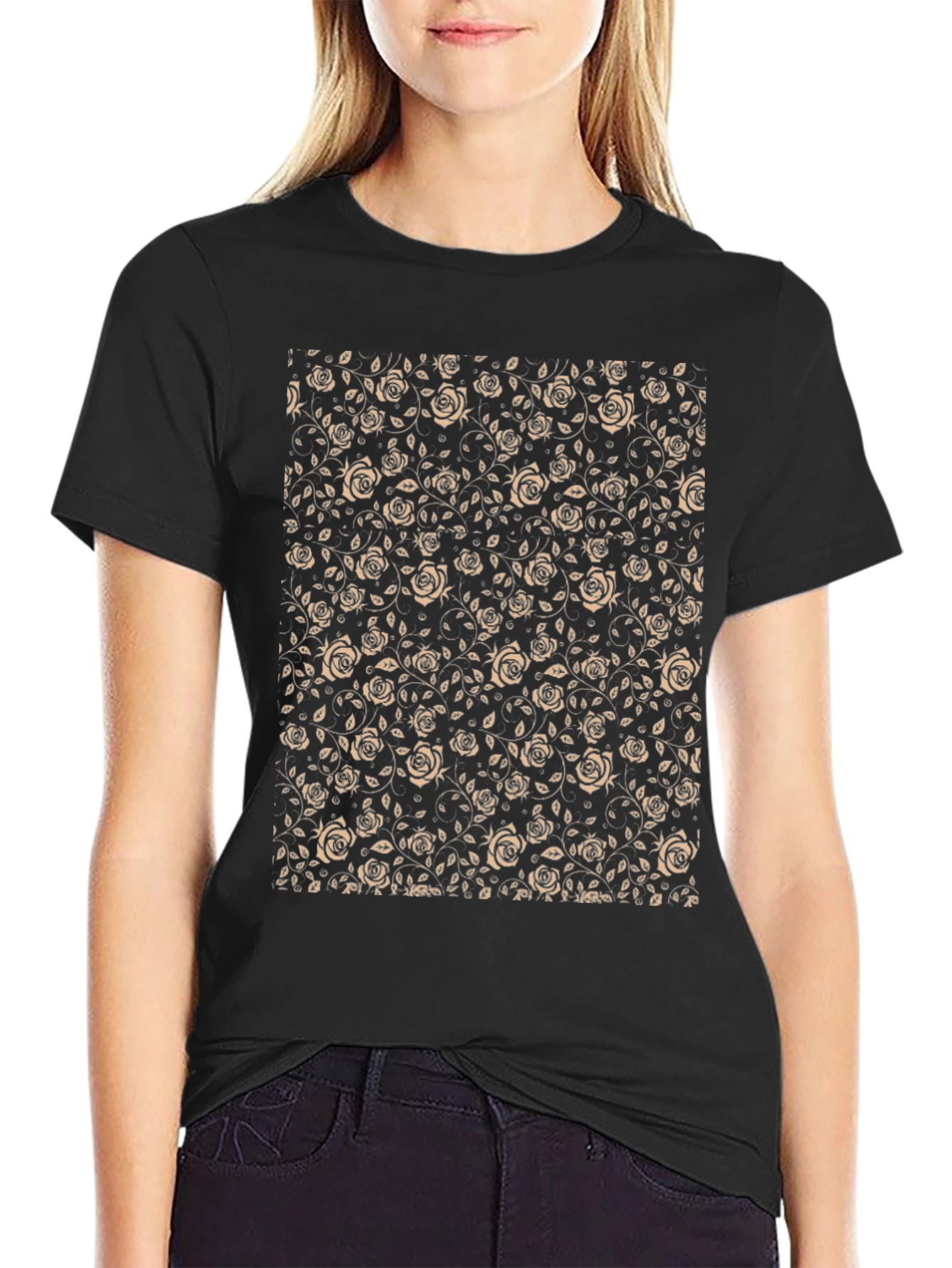 Floral Rose Print Black T-Shirt