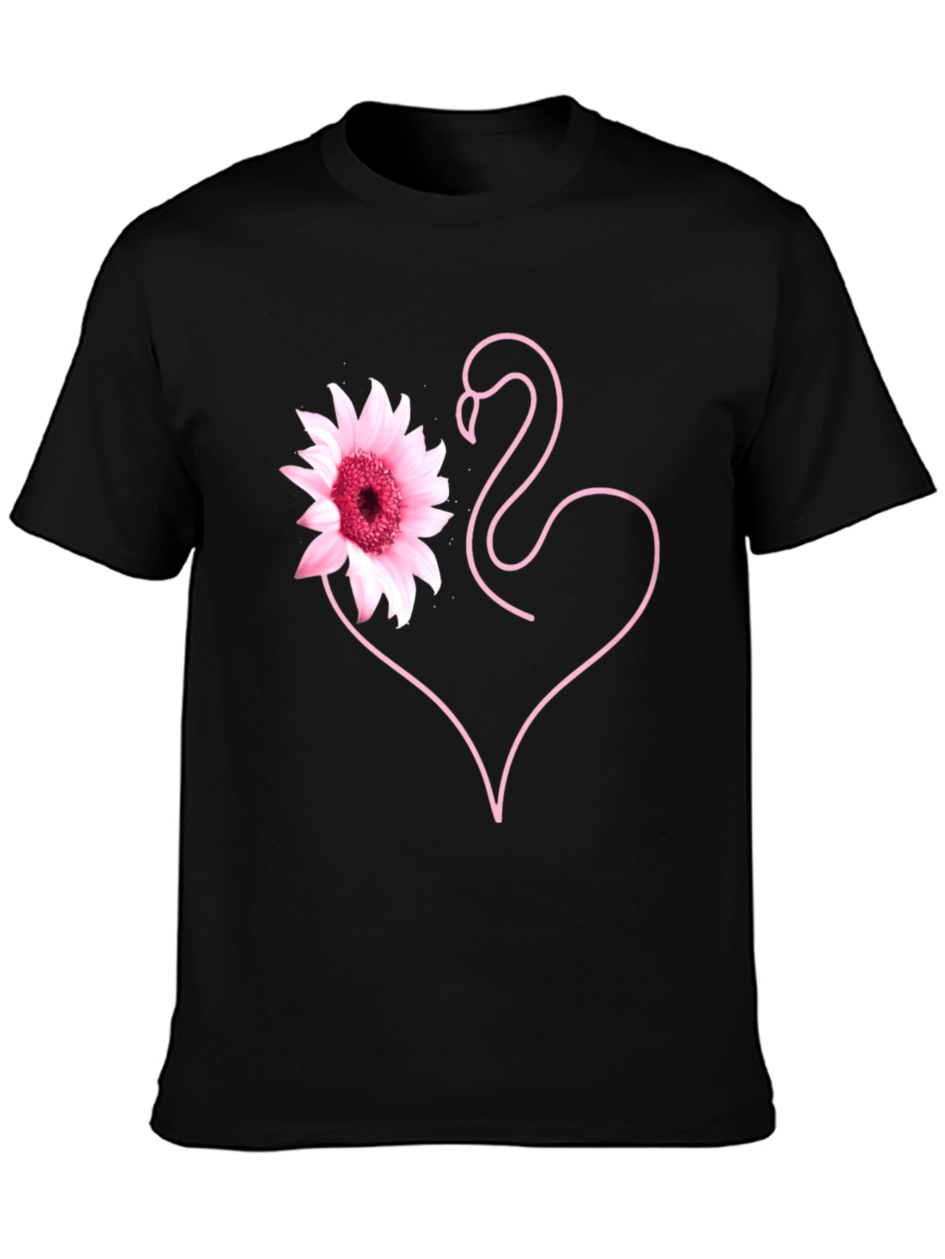 Pink Flamingo Flower Heart Black T-Shirt