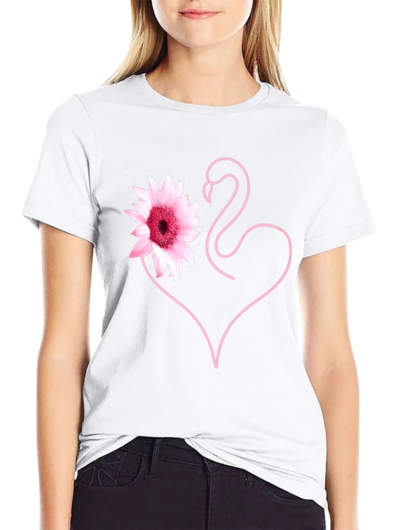 Pink Flamingo Flower Heart Black T-Shirt