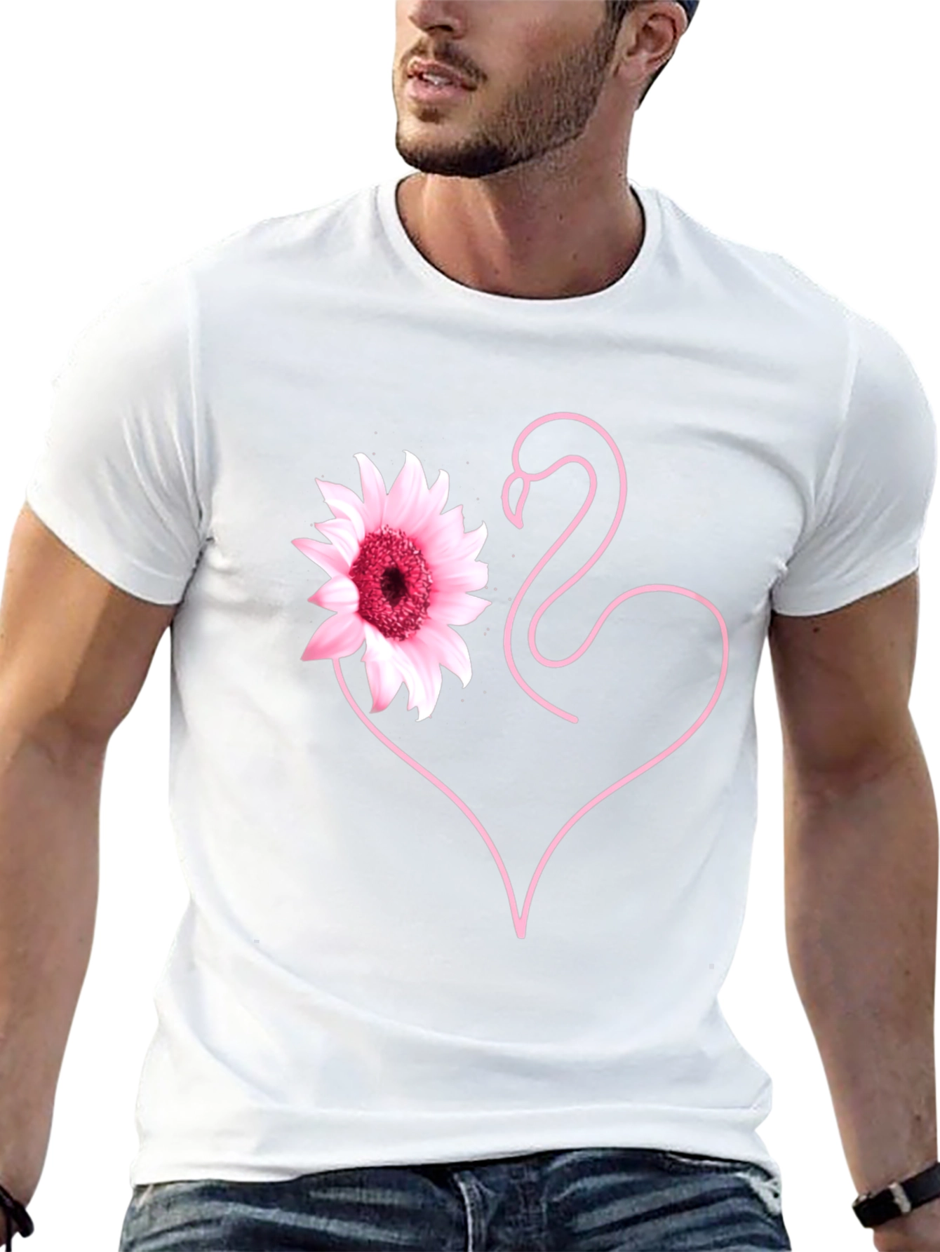 Pink Flamingo Flower Heart Black T-Shirt