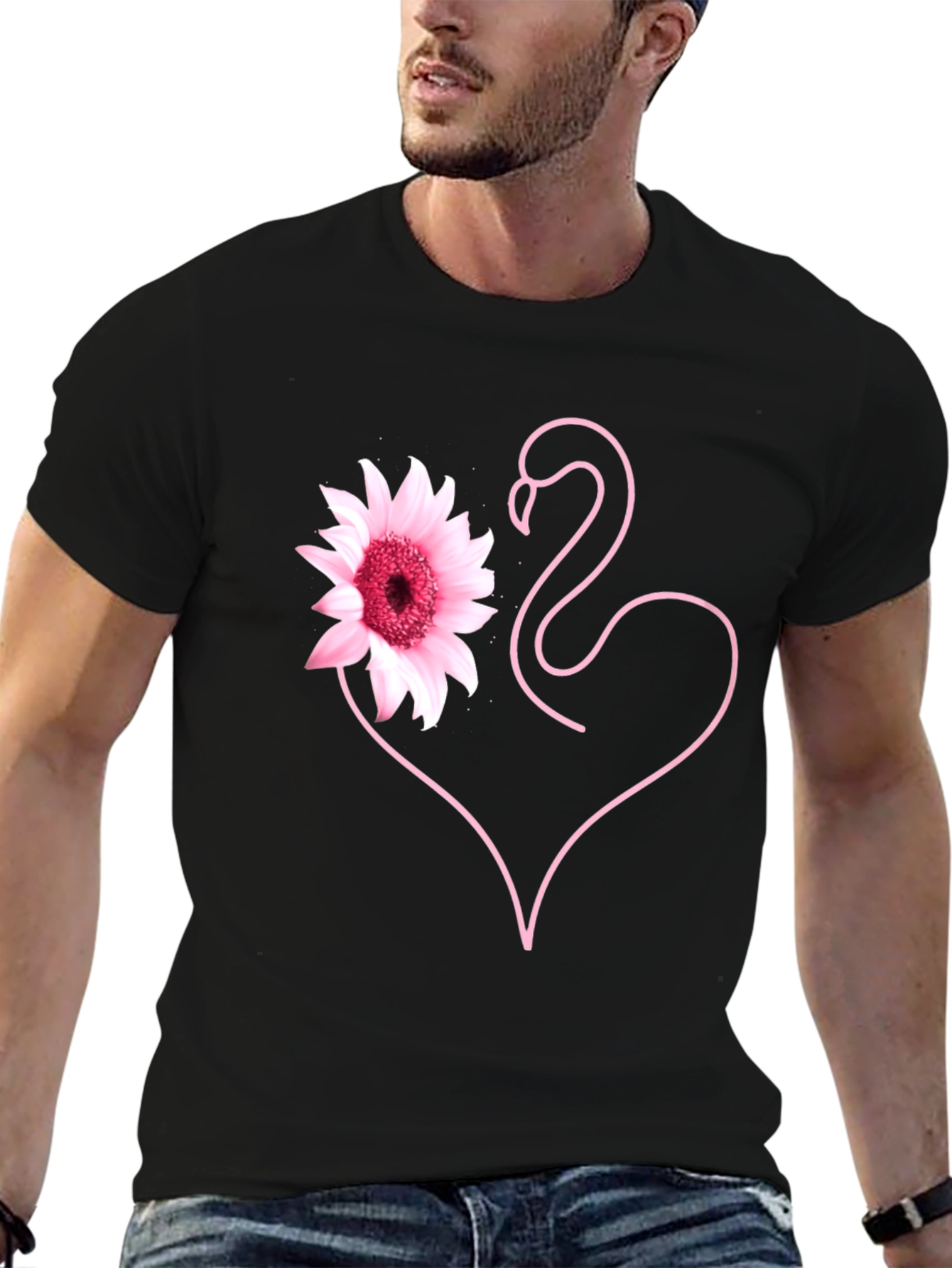 Pink Flamingo Flower Heart Black T-Shirt