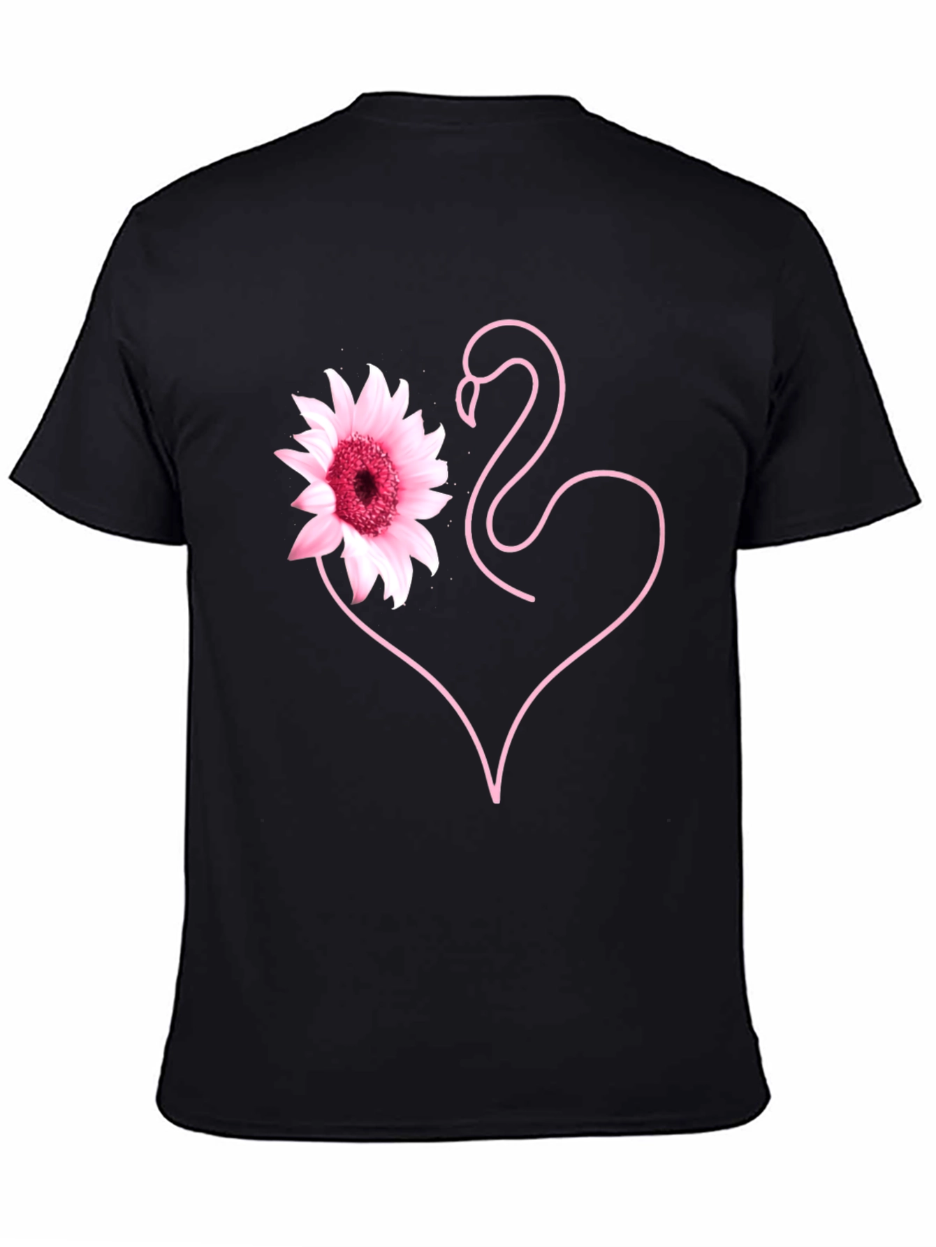 Pink Flamingo Flower Heart Black T-Shirt