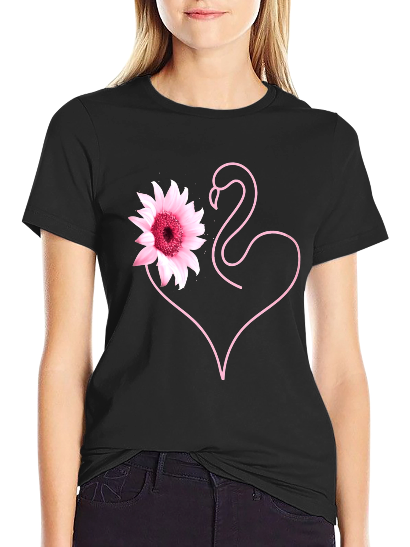 Pink Flamingo Flower Heart Black T-Shirt