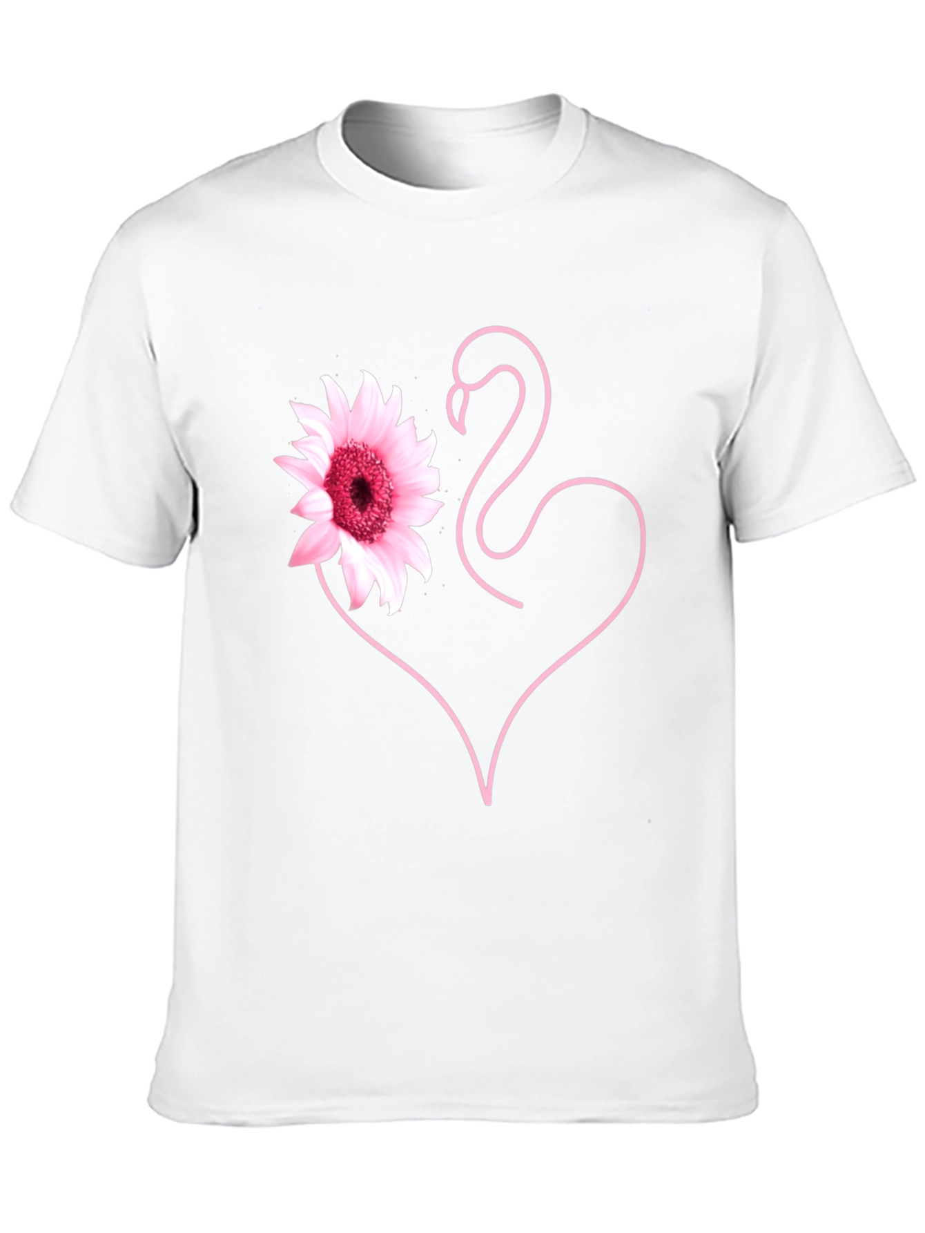 Pink Flamingo Flower Heart Black T-Shirt