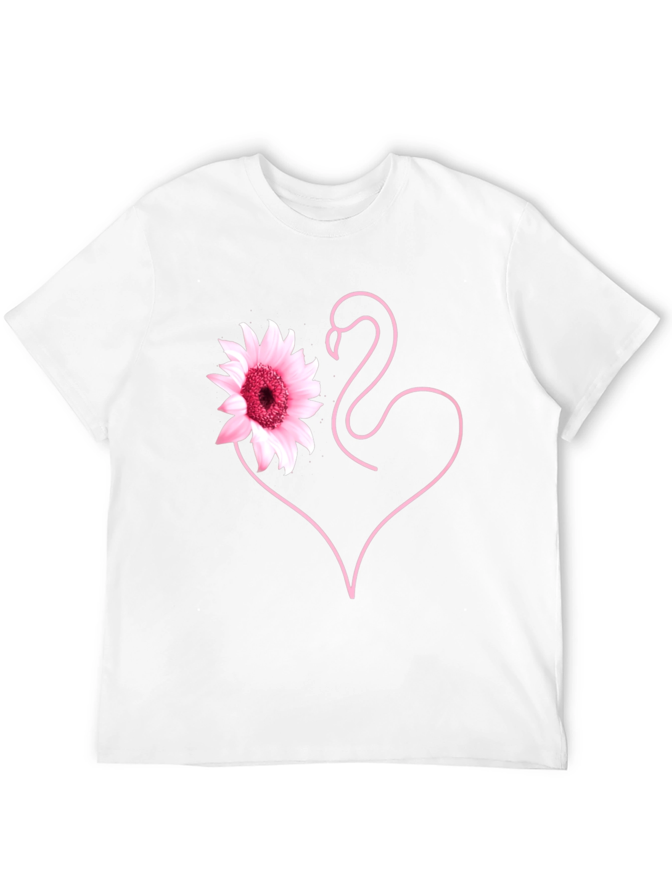 Pink Flamingo Flower Heart Black T-Shirt