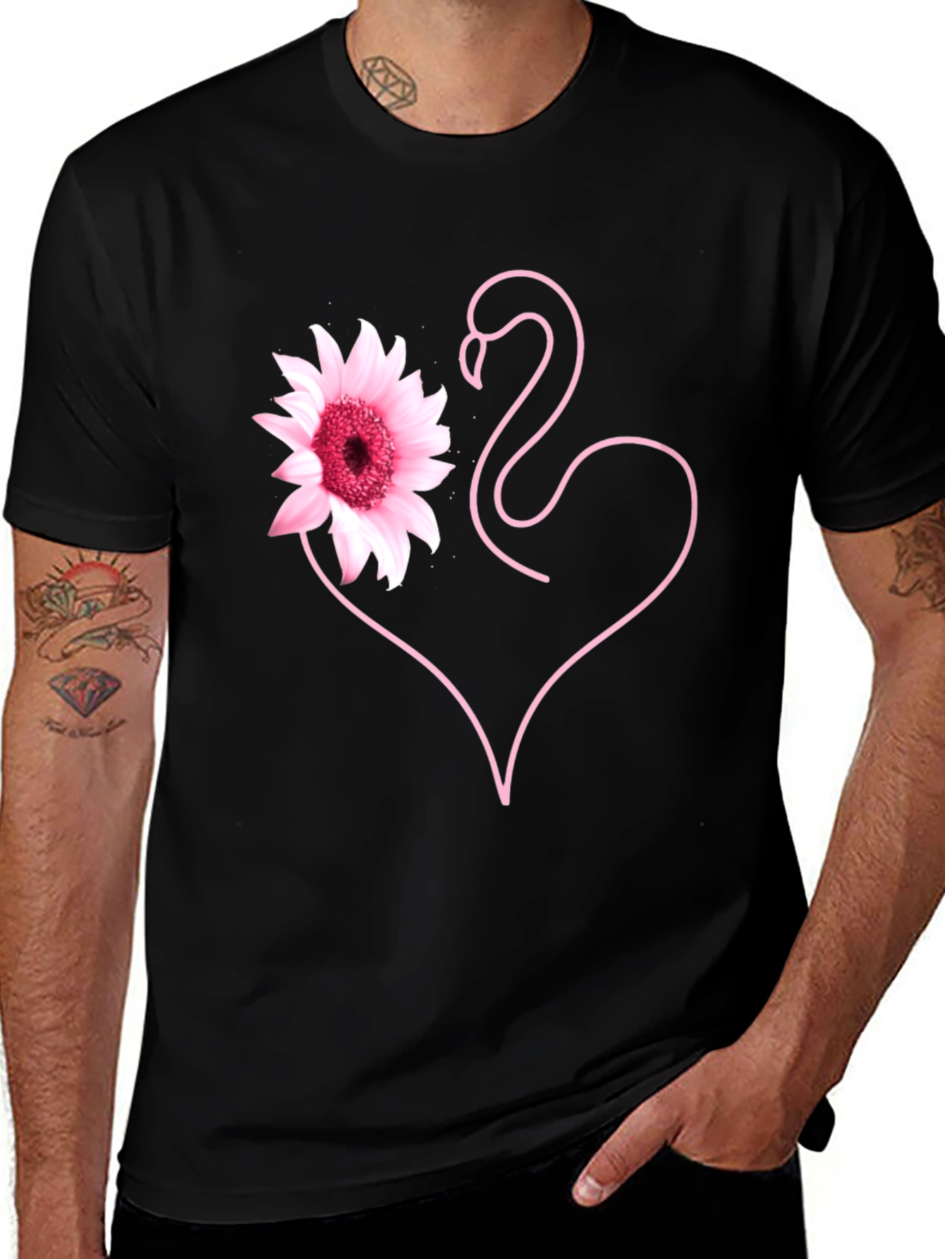 Pink Flamingo Flower Heart Black T-Shirt