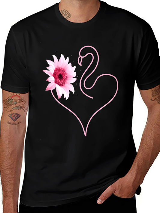 Pink Flamingo Flower Heart Black T-Shirt