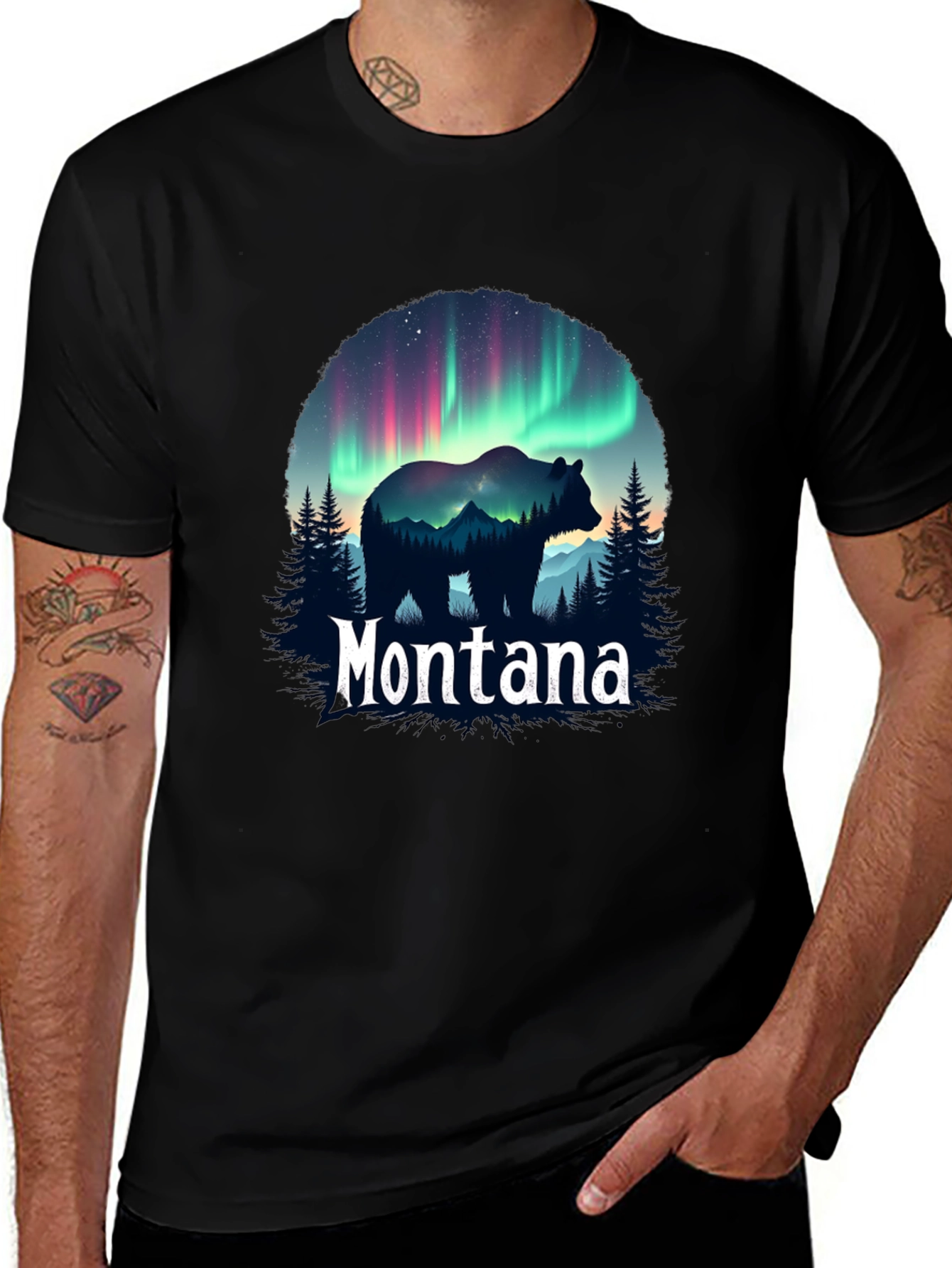 Montana Bear Aurora Borealis Graphic T-Shirt