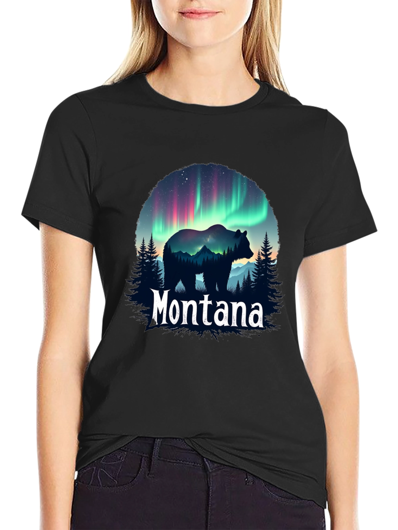 Montana Bear Aurora Borealis Graphic T-Shirt