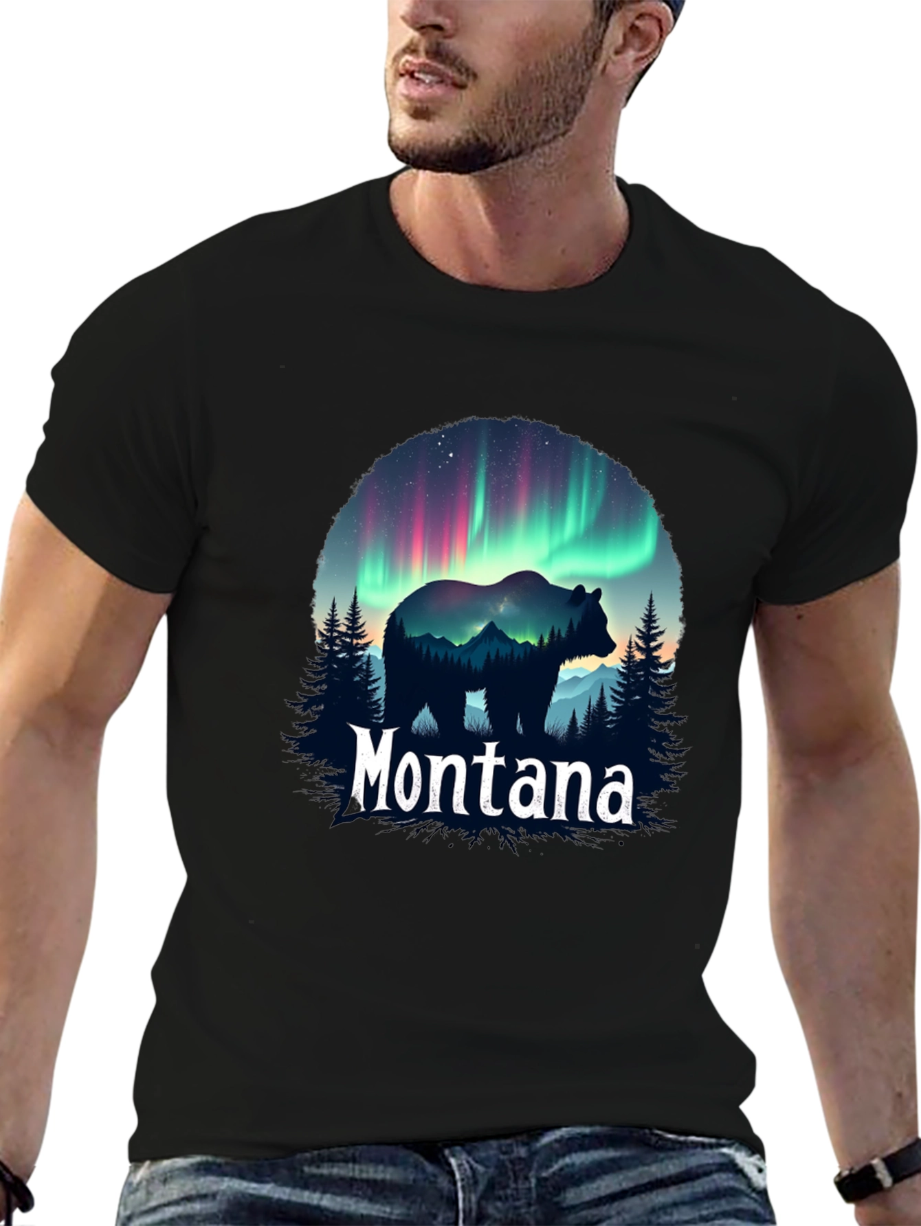 Montana Bear Aurora Borealis Graphic T-Shirt