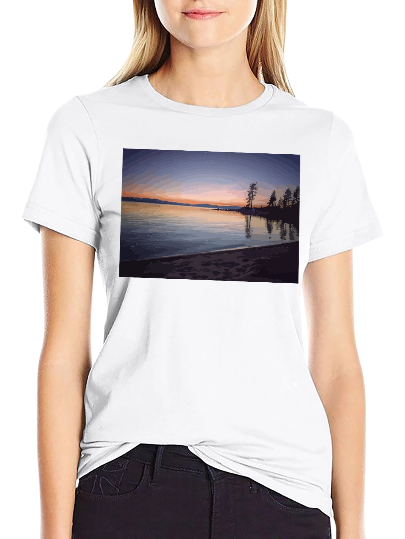 Scenic Lake Sunset Graphic Tee - Black