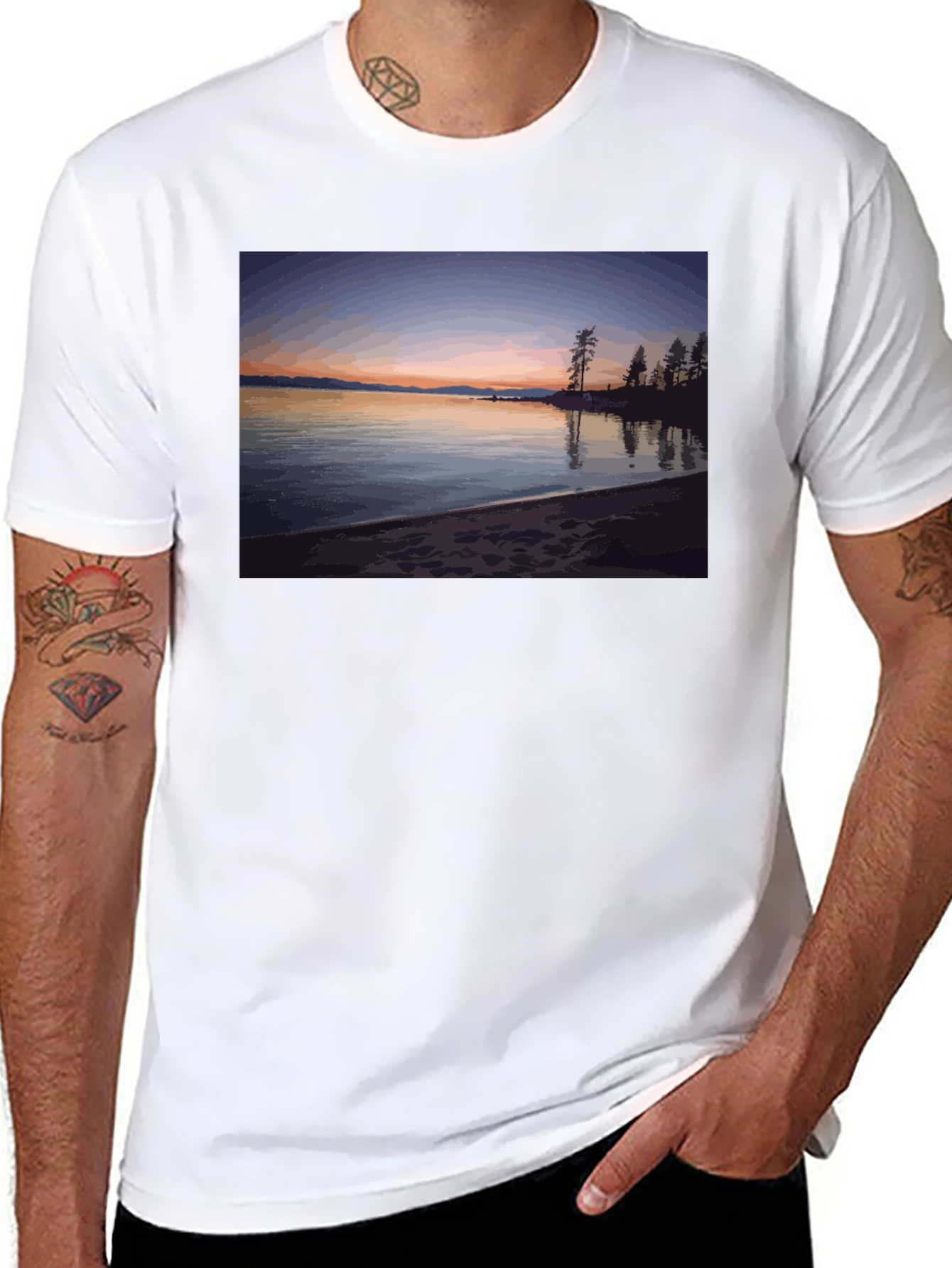 Scenic Lake Sunset Graphic Tee - Black
