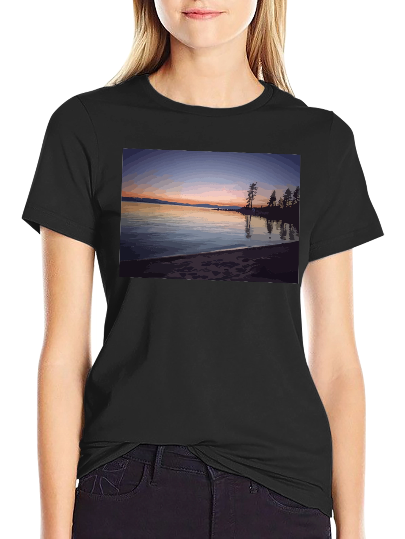 Scenic Lake Sunset Graphic Tee - Black
