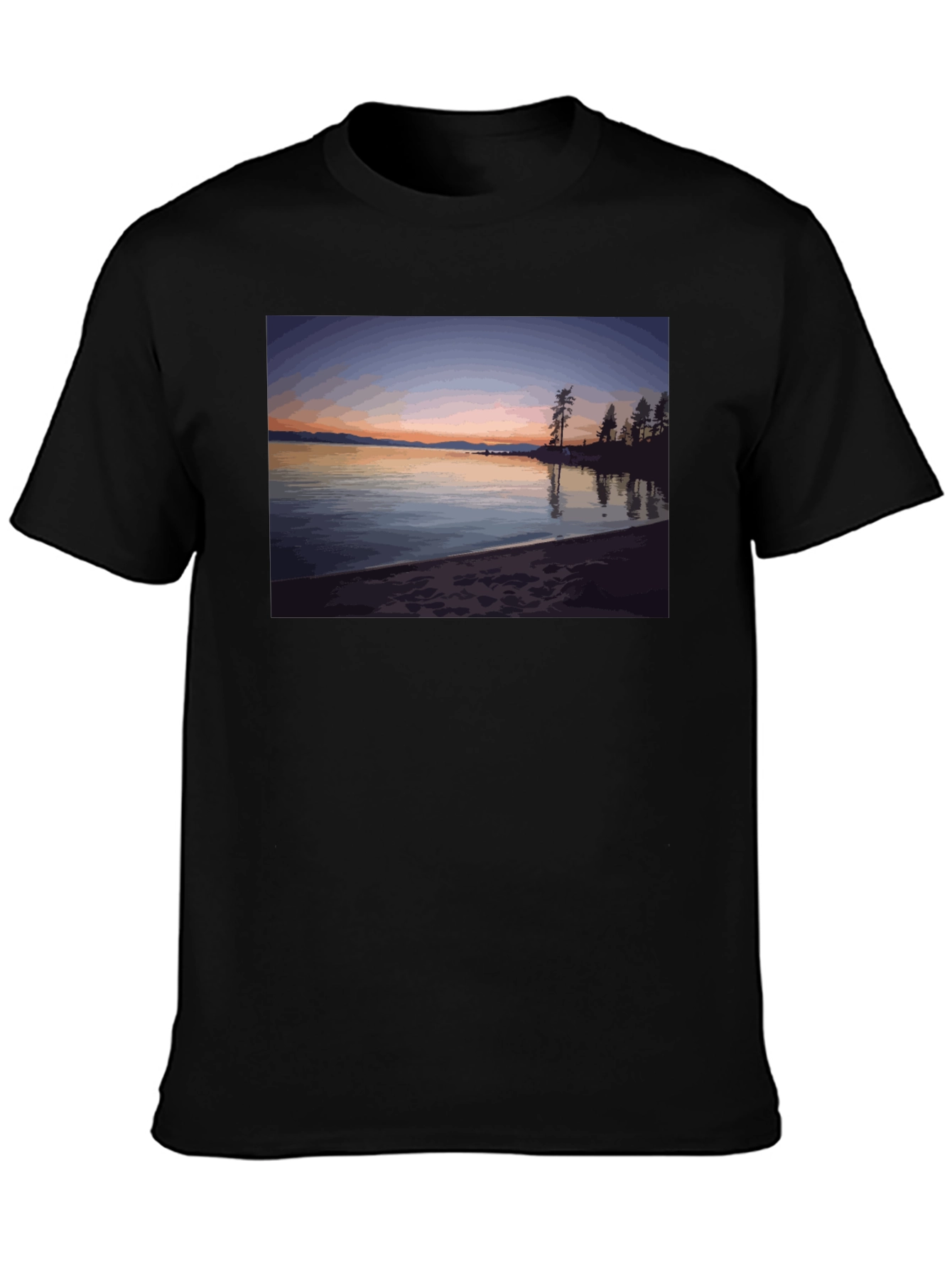 Scenic Lake Sunset Graphic Tee - Black
