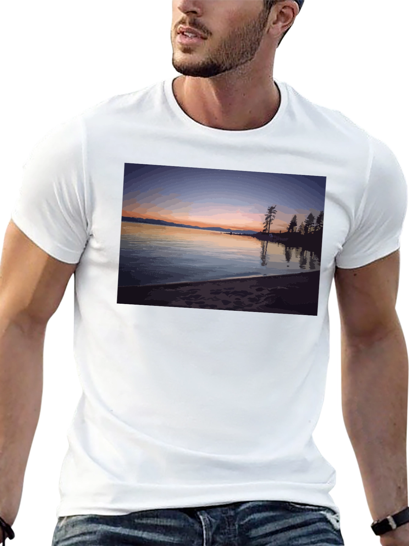 Scenic Lake Sunset Graphic Tee - Black