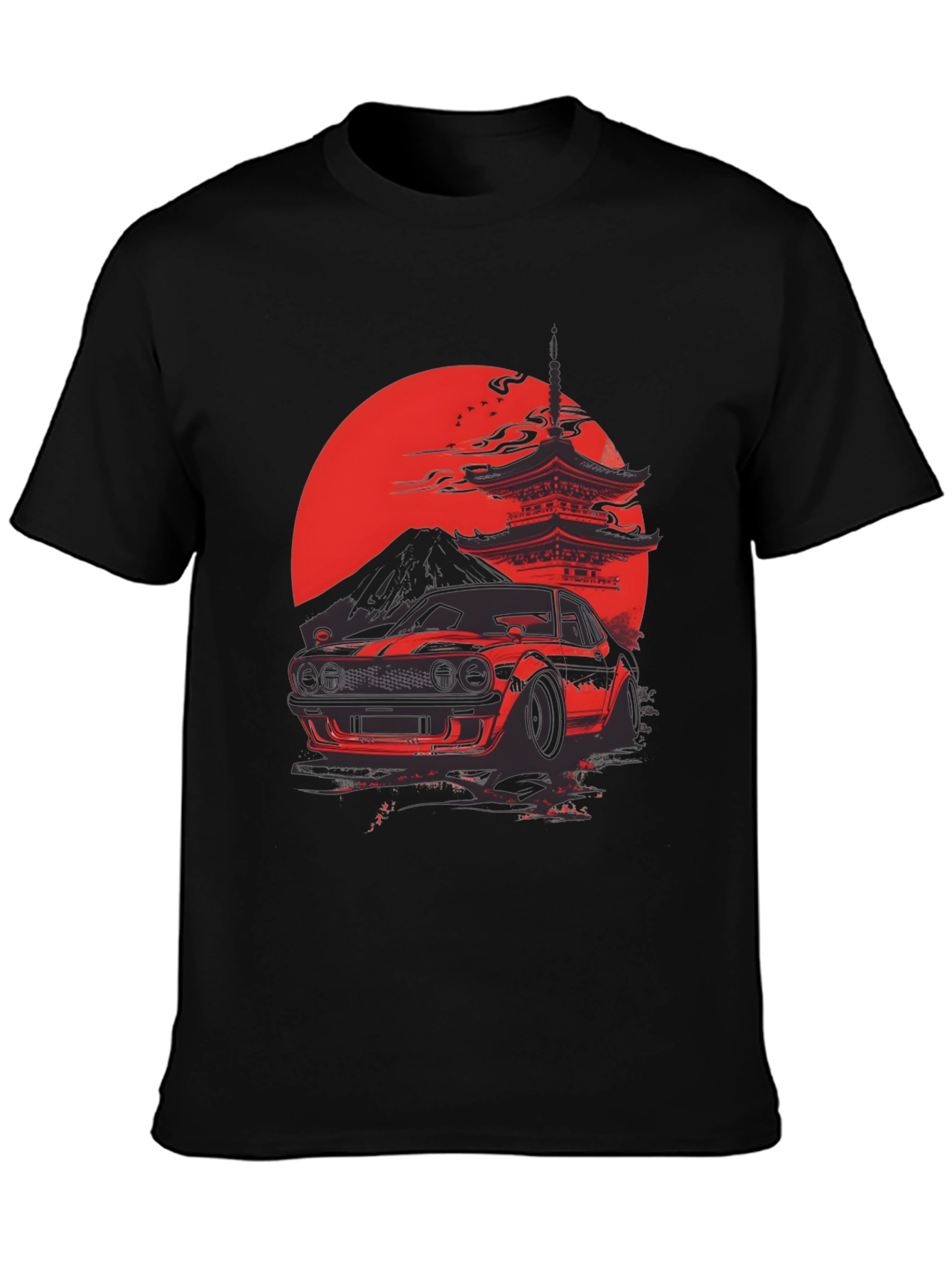 Red Japanese Car & Temple Black T-Shirt