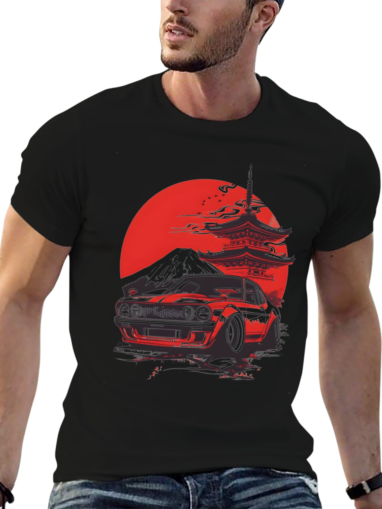 Red Japanese Car & Temple Black T-Shirt