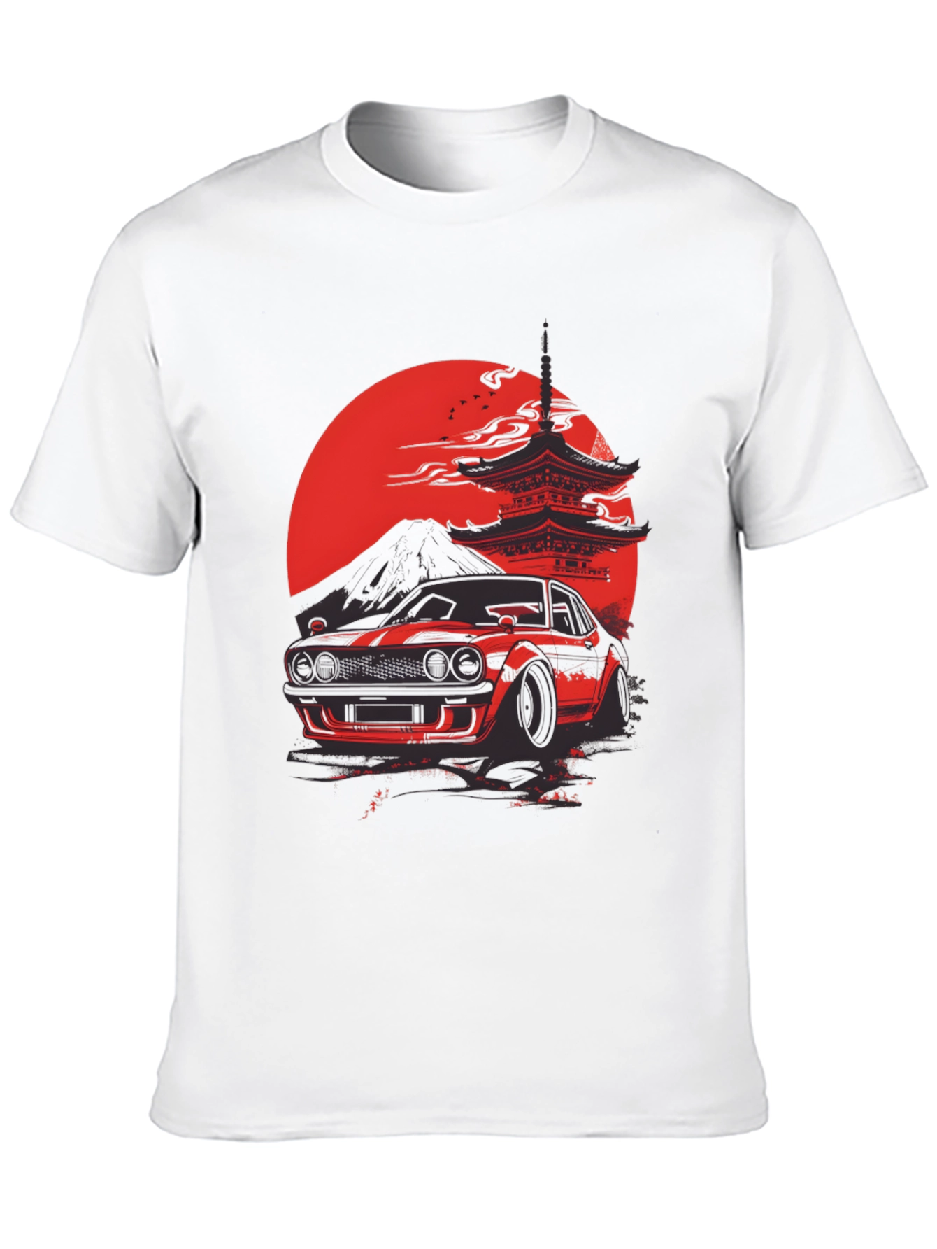 Red Japanese Car & Temple Black T-Shirt