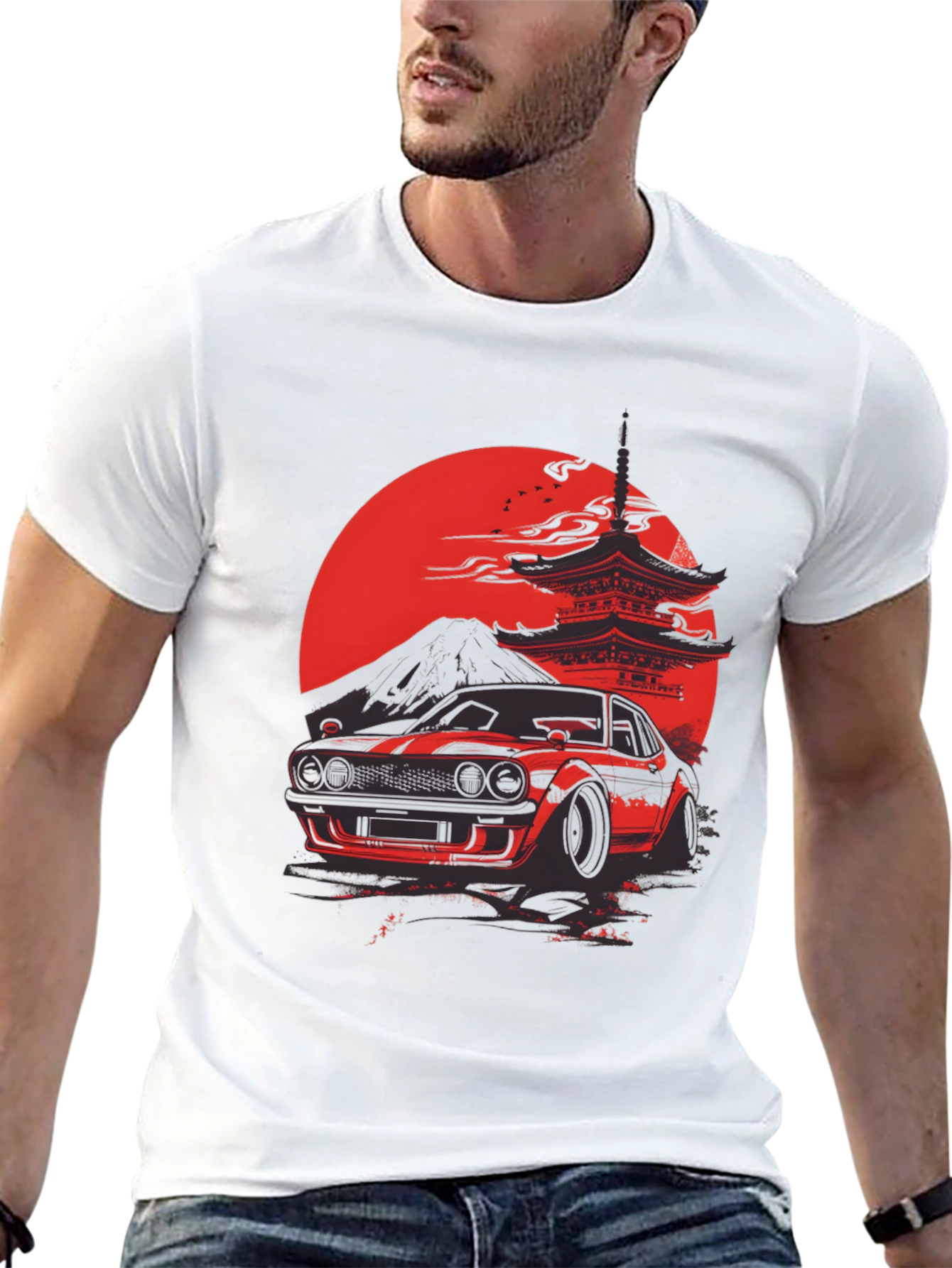 Red Japanese Car & Temple Black T-Shirt