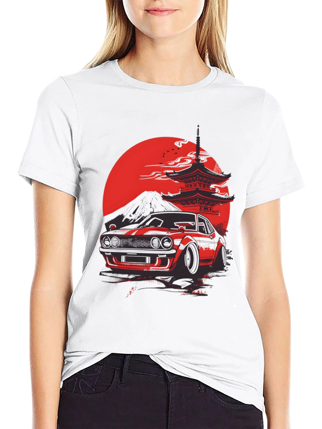 Red Japanese Car & Temple Black T-Shirt