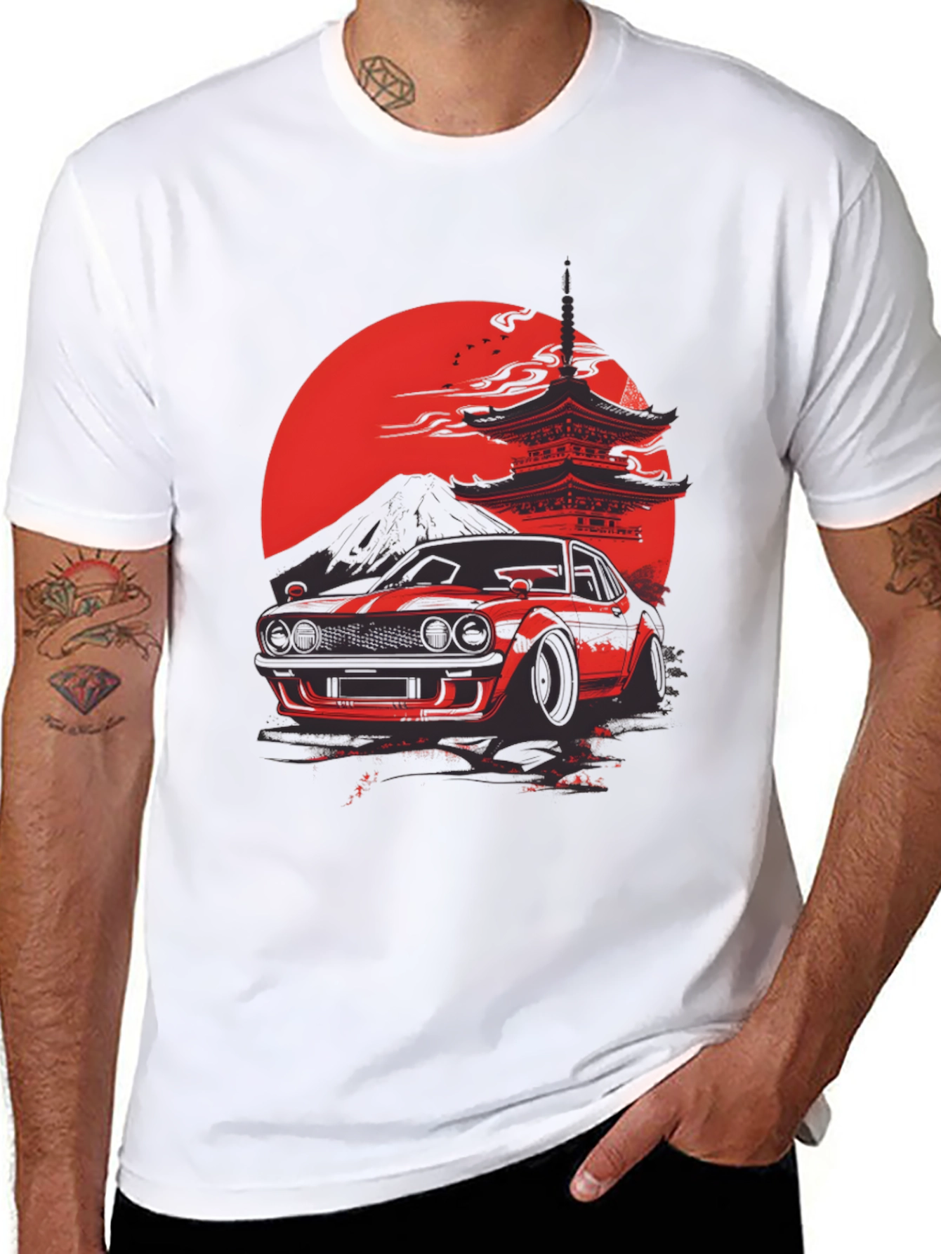 Red Japanese Car & Temple Black T-Shirt